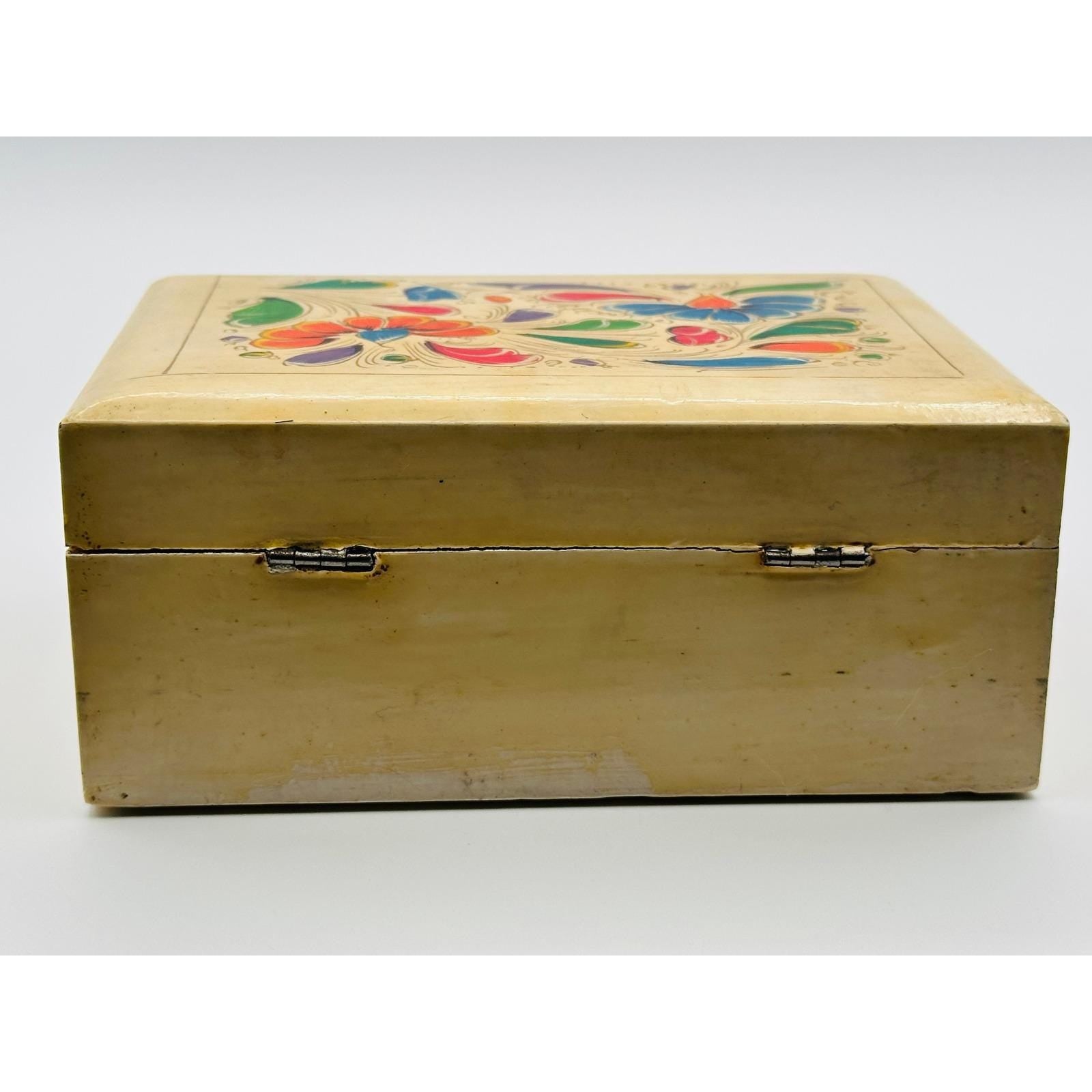 Vintage Hand-Painted Floral Wooden Trinket Box - Boho Decor Jewelry Storage Keepsake