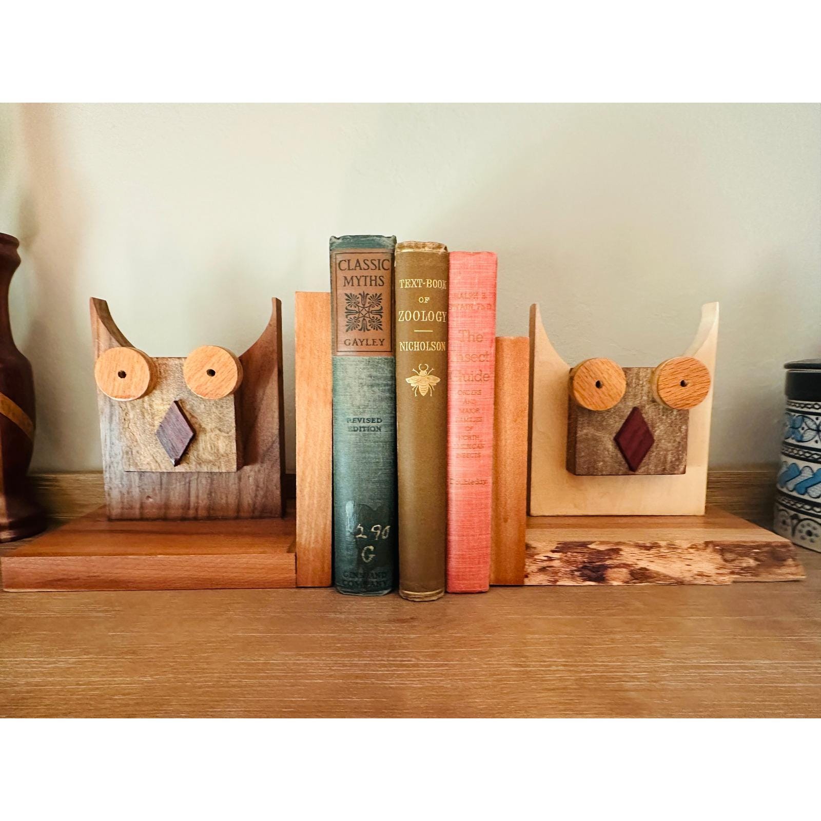 Handmade Wooden Owl Bookends - Rustic Mid-Century Modern Style Home Office Decor
