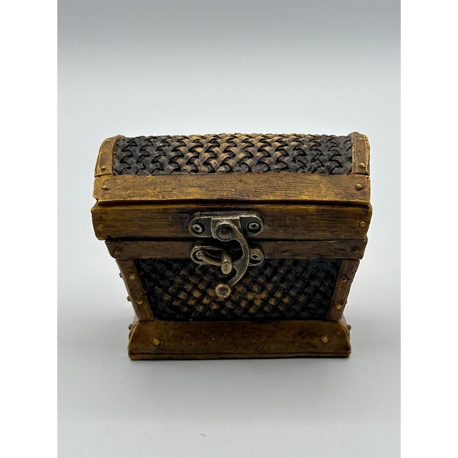 Vintage Treasure Chest Trinket Box Faux Woven Wood with Metal Latch