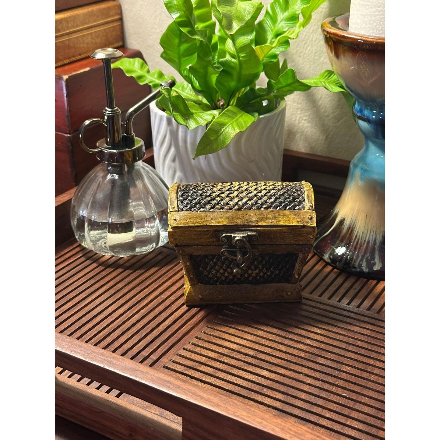 Vintage Treasure Chest Trinket Box Faux Woven Wood with Metal Latch