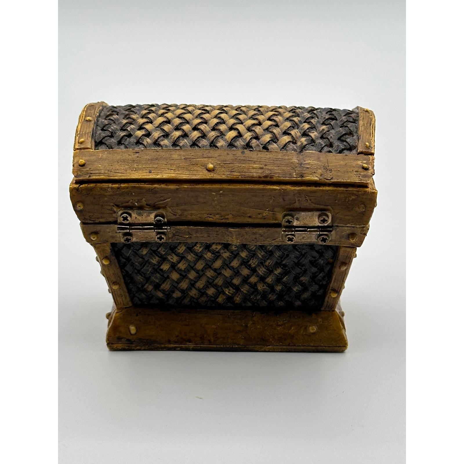 Vintage Treasure Chest Trinket Box Faux Woven Wood with Metal Latch