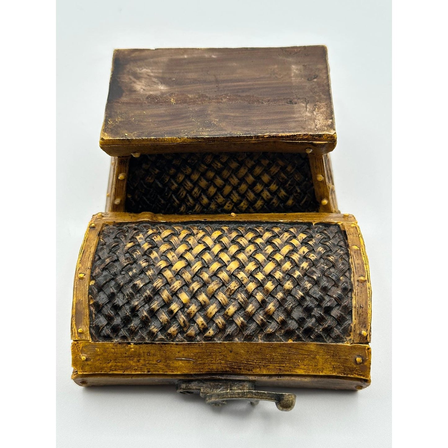 Vintage Treasure Chest Trinket Box Faux Woven Wood with Metal Latch