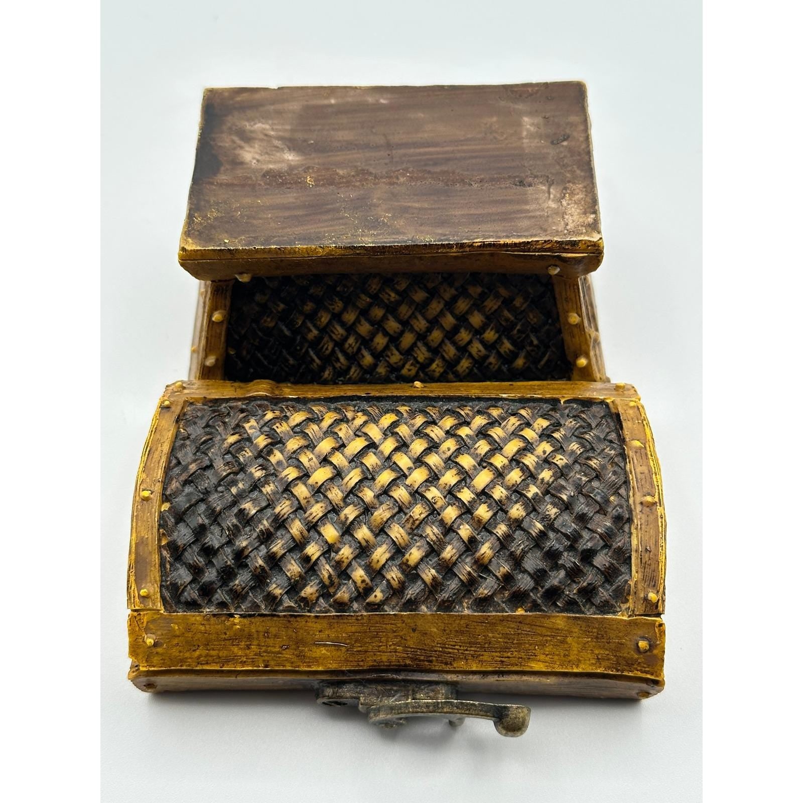 Vintage Treasure Chest Trinket Box Faux Woven Wood with Metal Latch