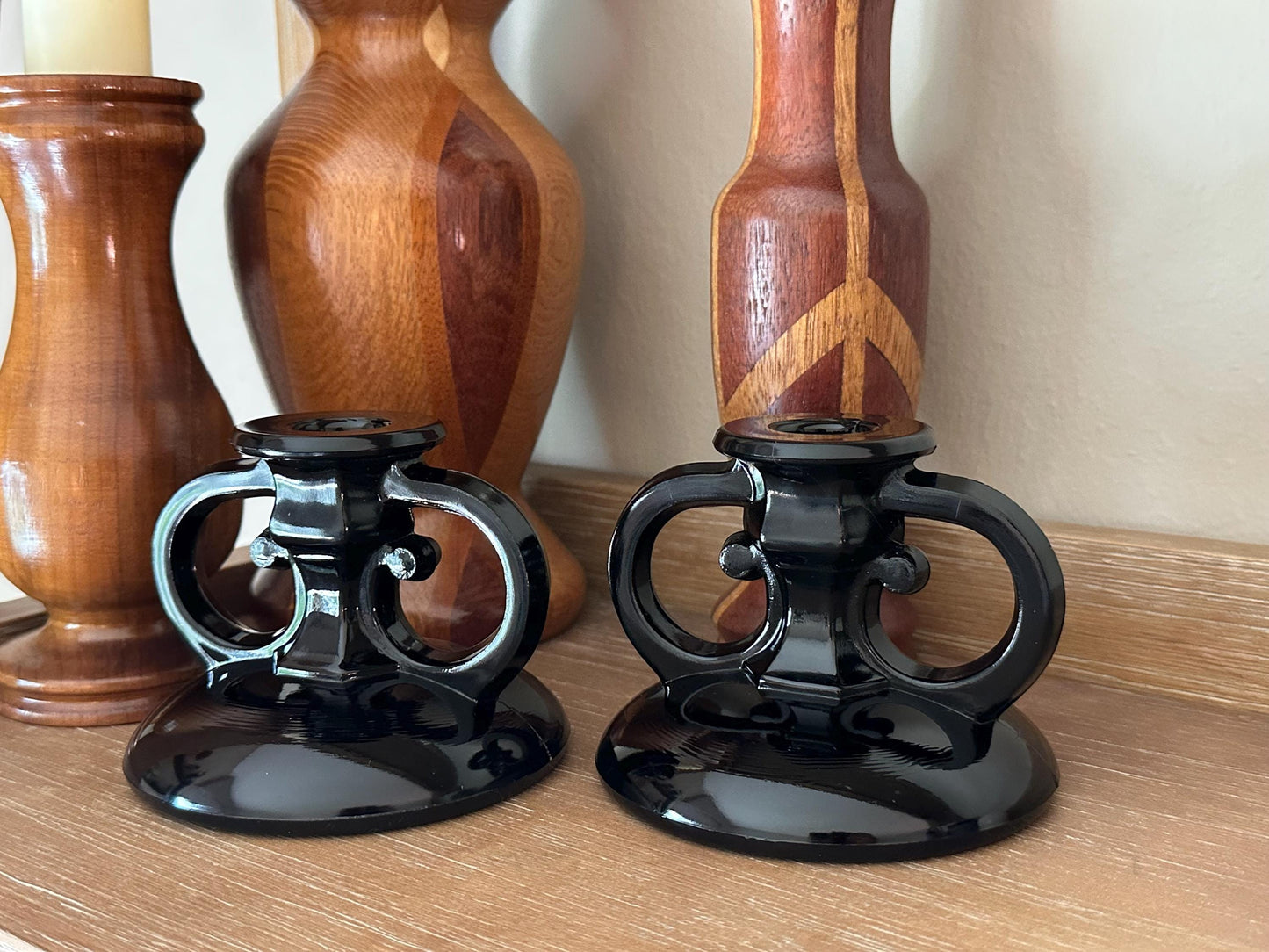 Vintage Black Amethyst Glass Candlestick Holders Set of Two - Gothic Home Decor Candle Stands