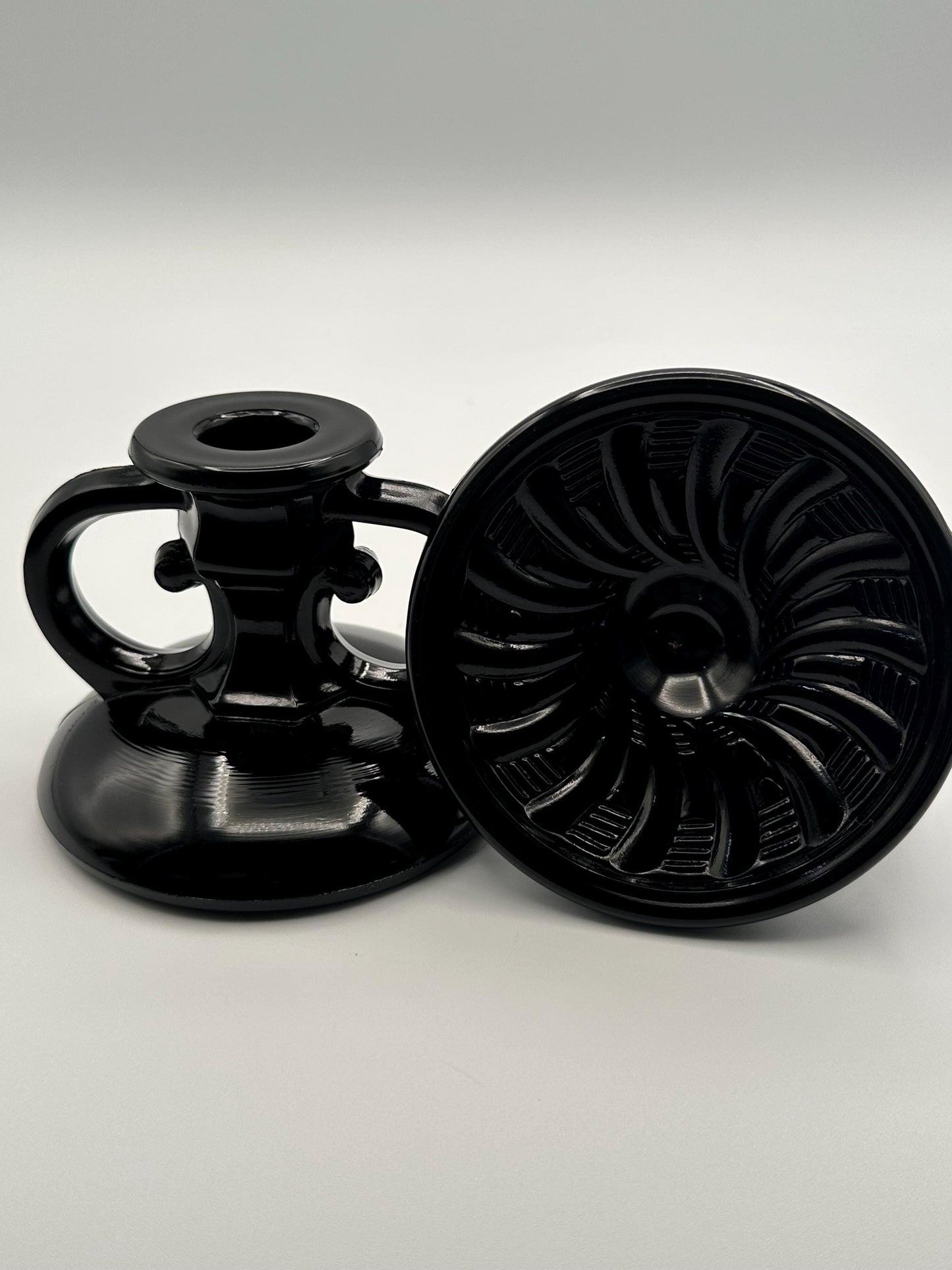 Vintage Black Amethyst Glass Candlestick Holders Set of Two - Gothic Home Decor Candle Stands