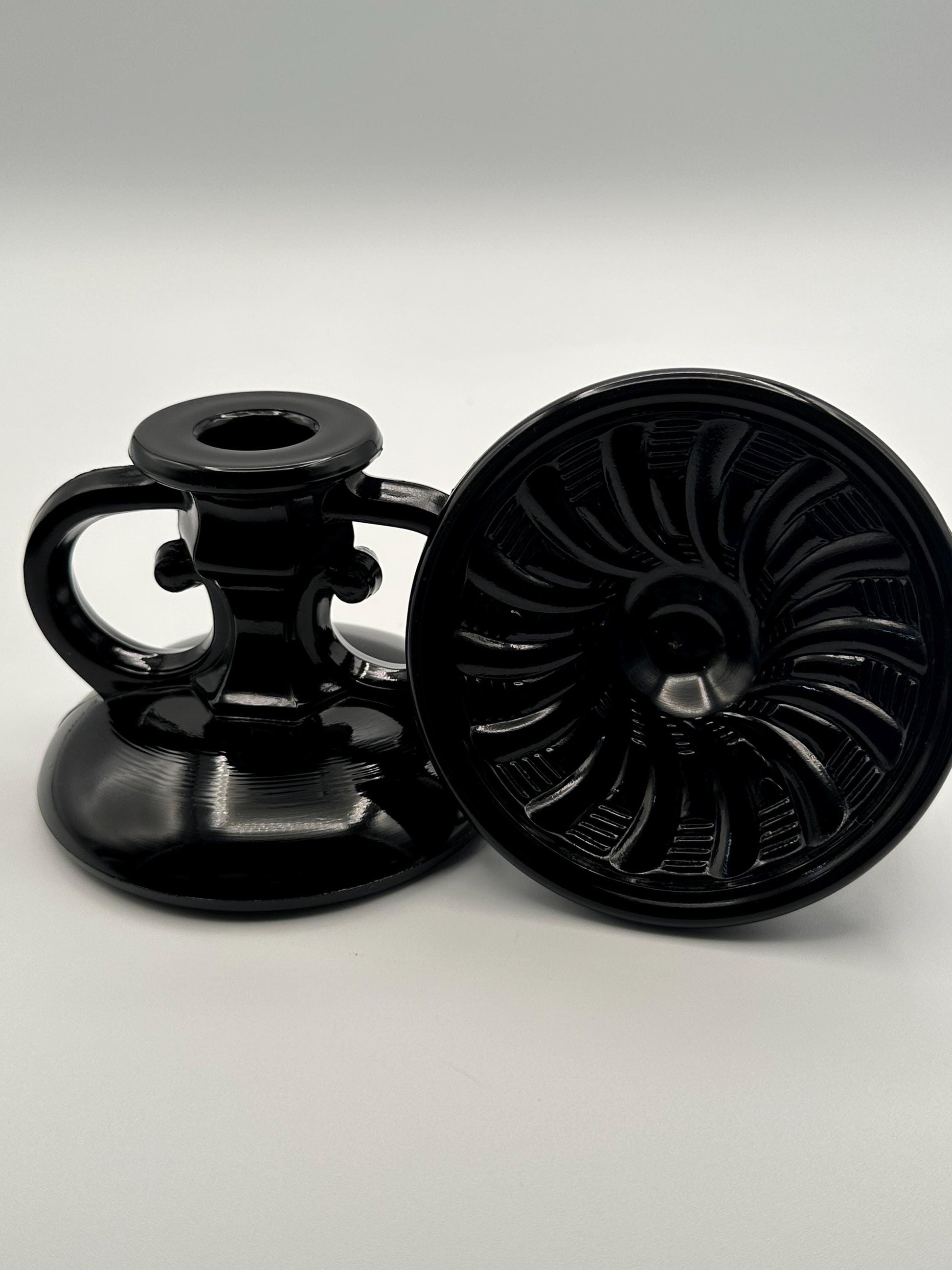 Vintage Black Amethyst Glass Candlestick Holders Set of Two - Gothic Home Decor Candle Stands