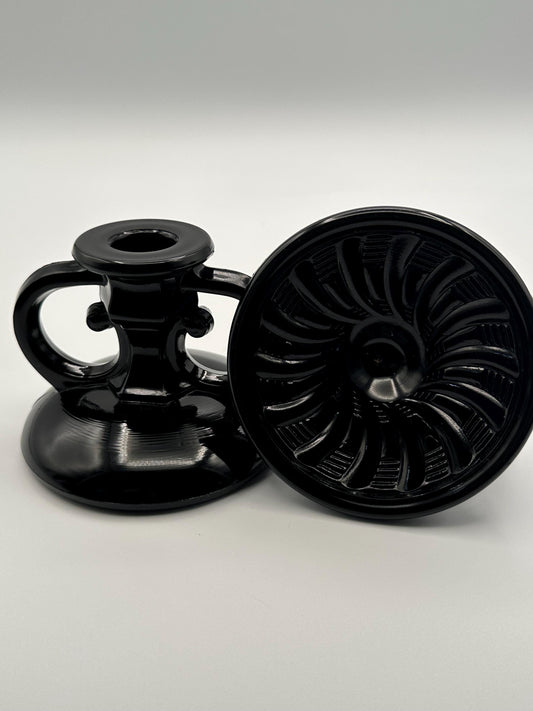 Vintage Black Amethyst Glass Candlestick Holders Set of Two - Gothic Home Decor Candle Stands