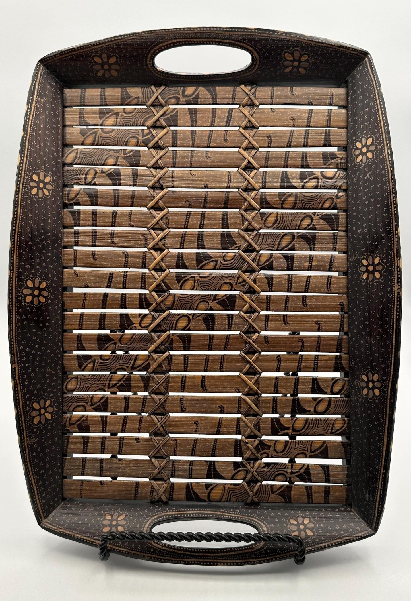 Handmade Batik Style Bamboo Serving Tray Black Brown Decorative Vintage Summer Entertaining
