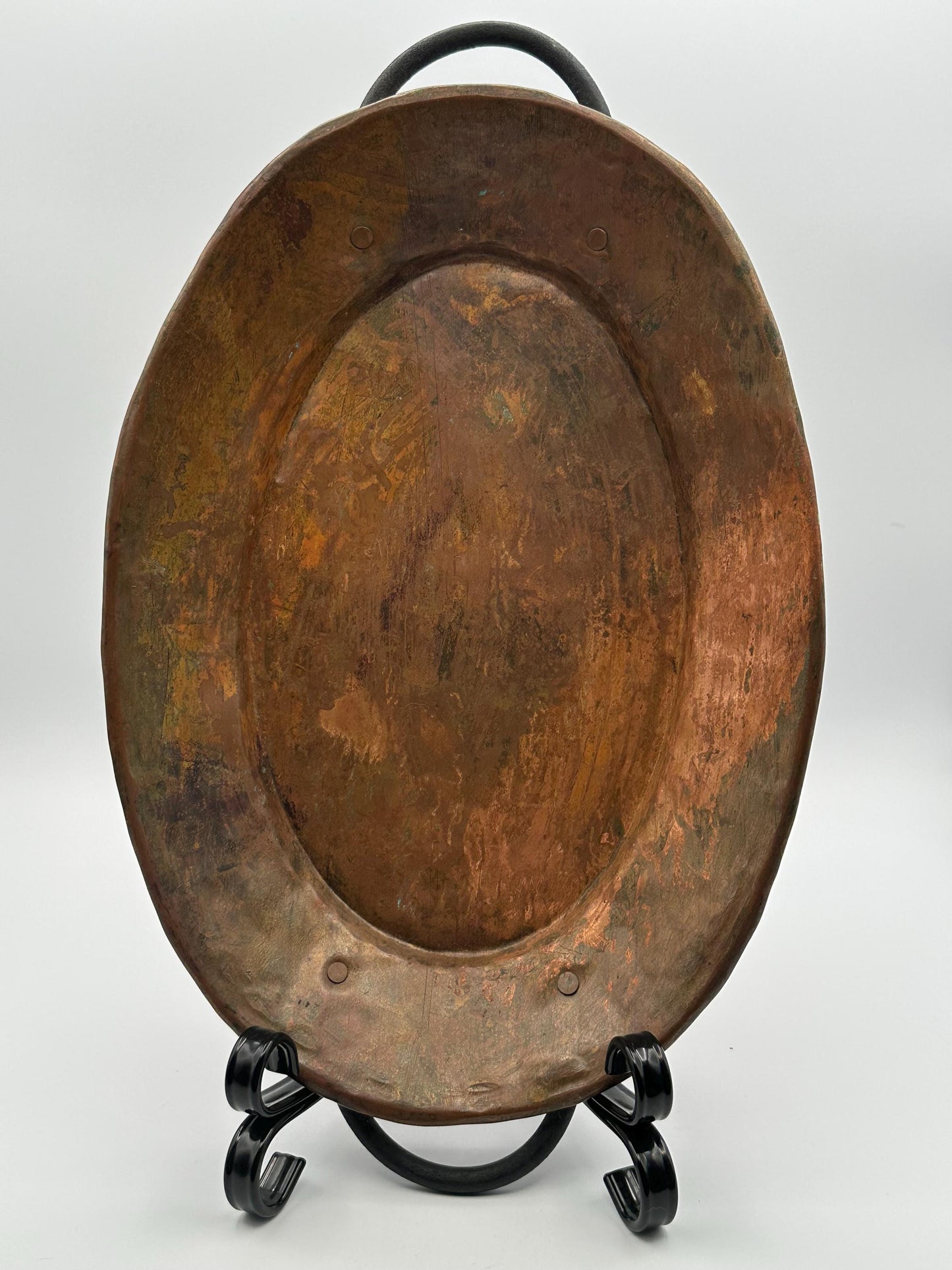 Vintage Handmade Hammered Copper Serving Tray with Handles Rustic Patina Turkish Artisan Crafted