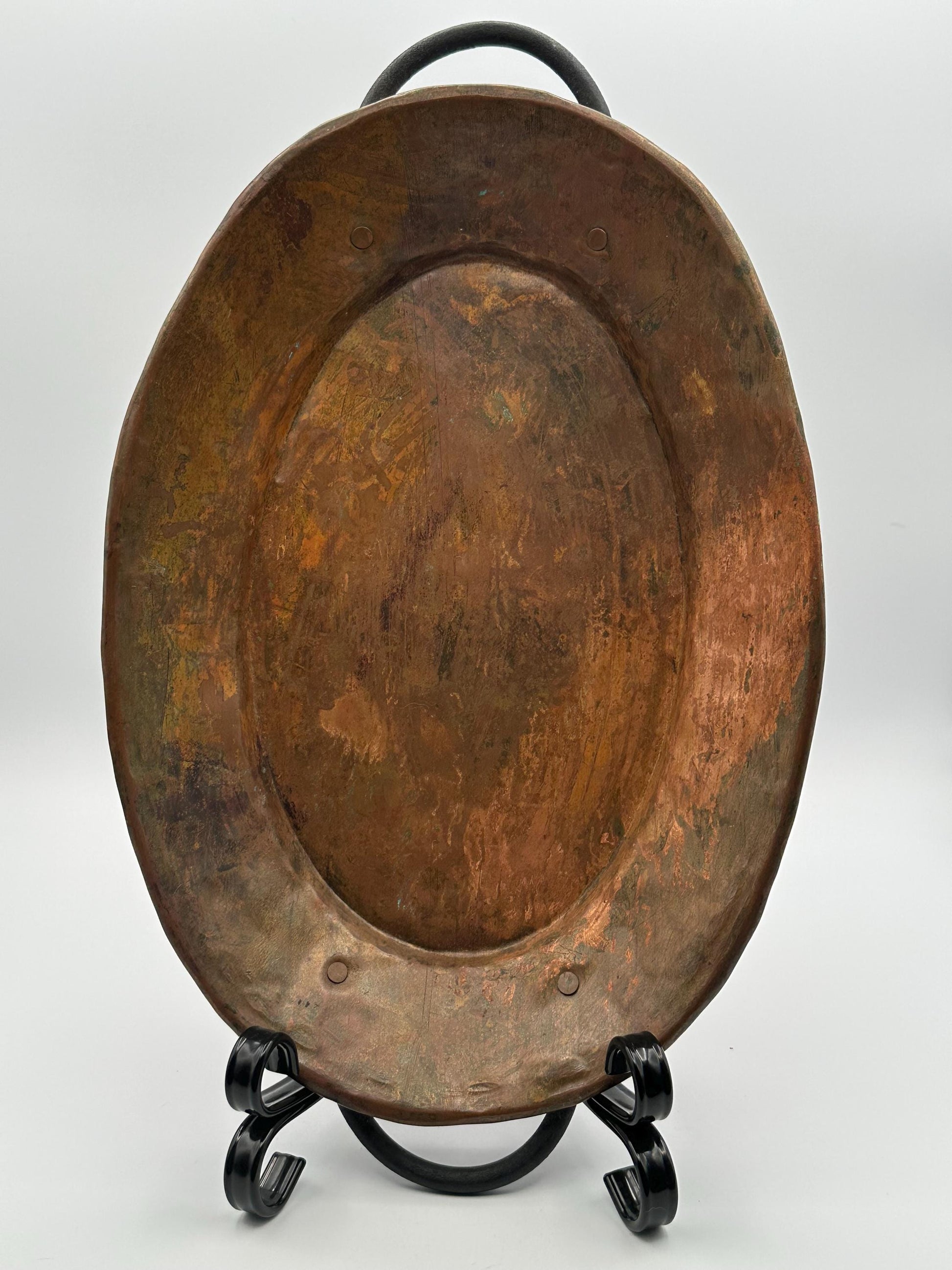 Vintage Handmade Hammered Copper Serving Tray with Handles Rustic Patina Turkish Artisan Crafted