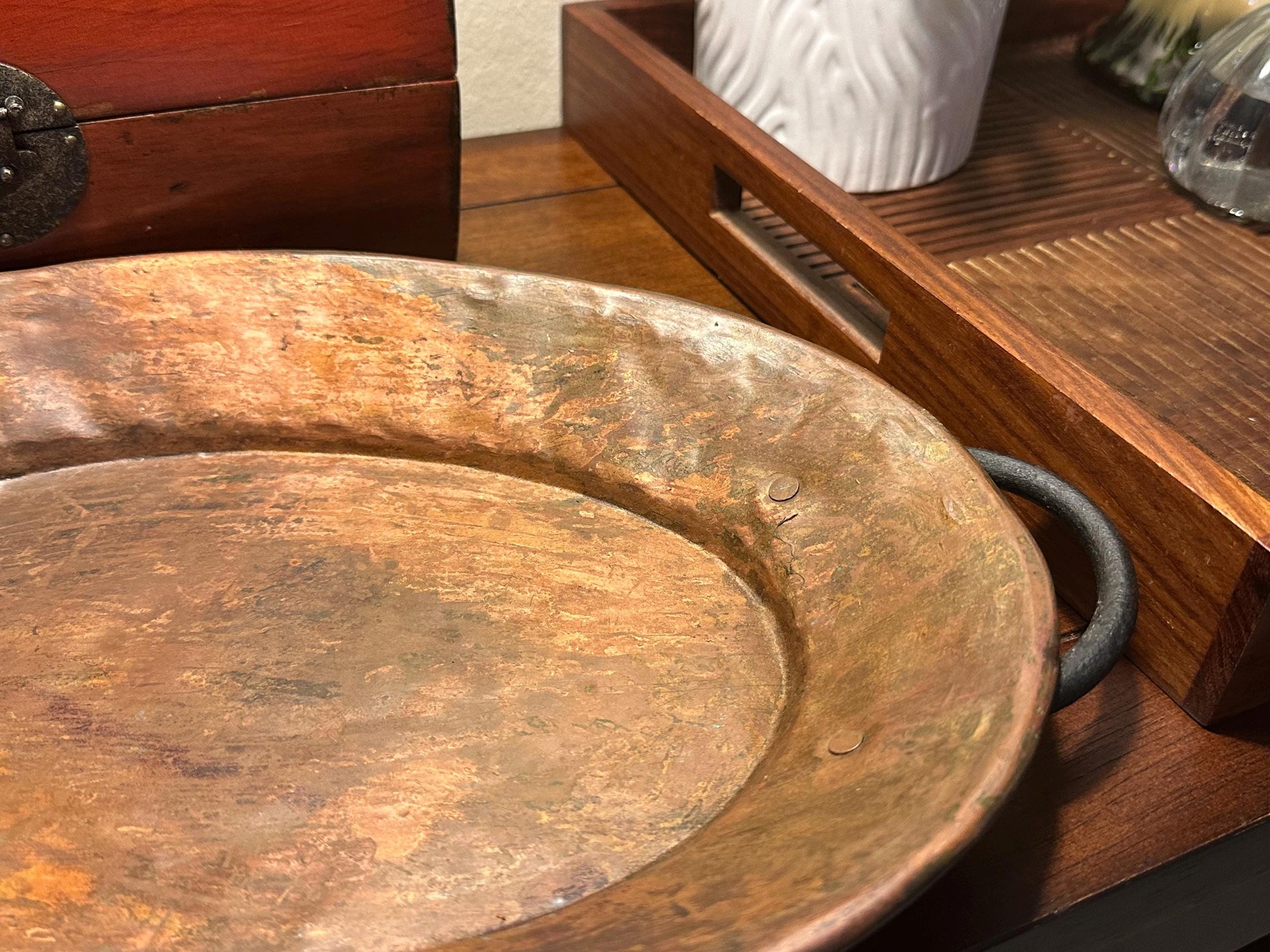 Vintage Handmade Hammered Copper Serving Tray with Handles Rustic Patina Turkish Artisan Crafted