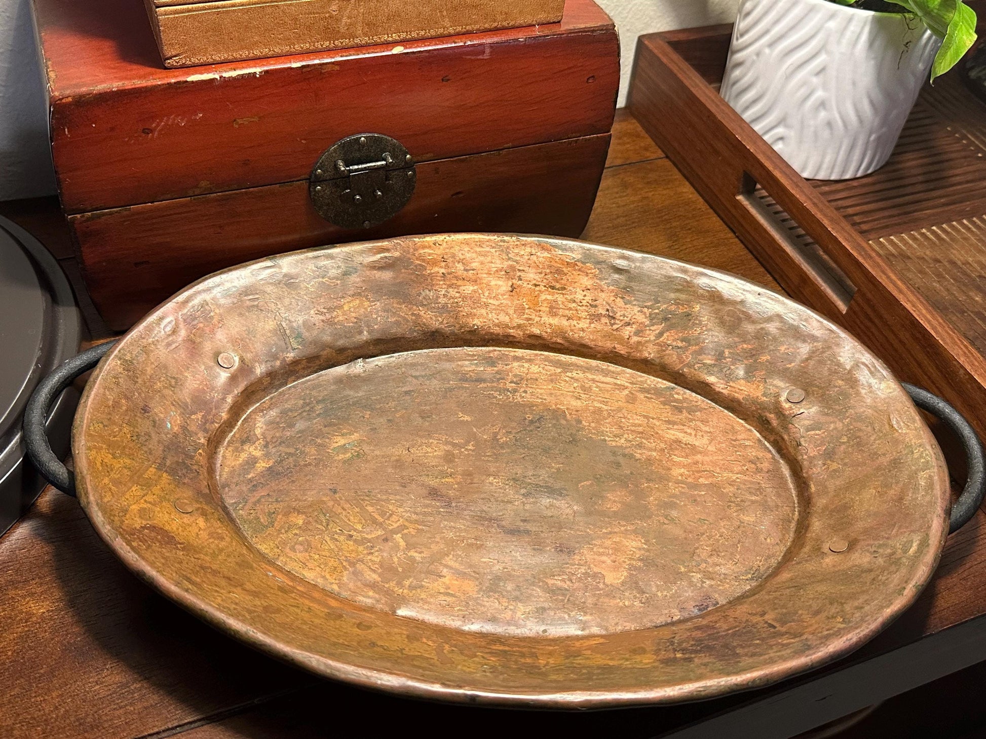 Vintage Handmade Hammered Copper Serving Tray with Handles Rustic Patina Turkish Artisan Crafted