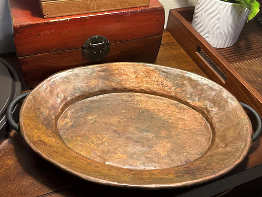 Vintage Handmade Hammered Copper Serving Tray with Handles Rustic Patina Turkish Artisan Crafted