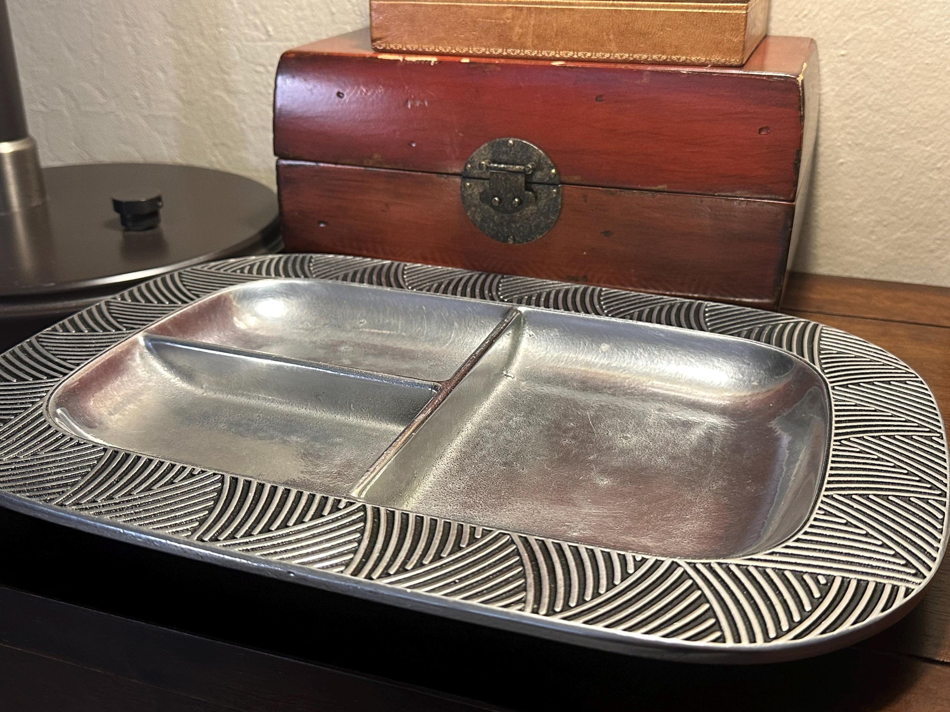 Vintage Wilton Armetale Pewter Reggae Divided Serving Tray - 3-Section Metal Platter with Geometric Art Deco Border