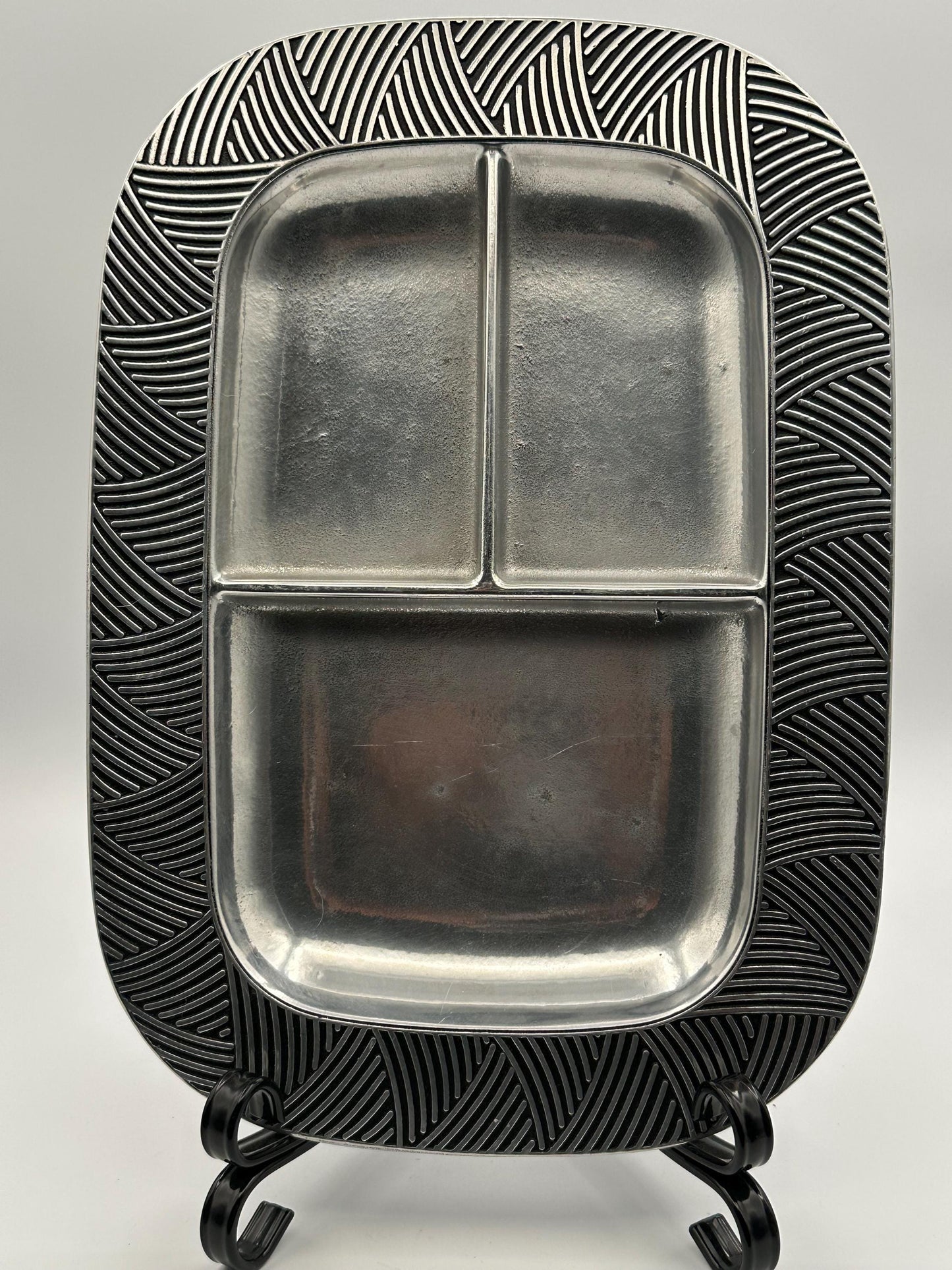 Vintage Wilton Armetale Pewter Reggae Divided Serving Tray - 3-Section Metal Platter with Geometric Art Deco Border