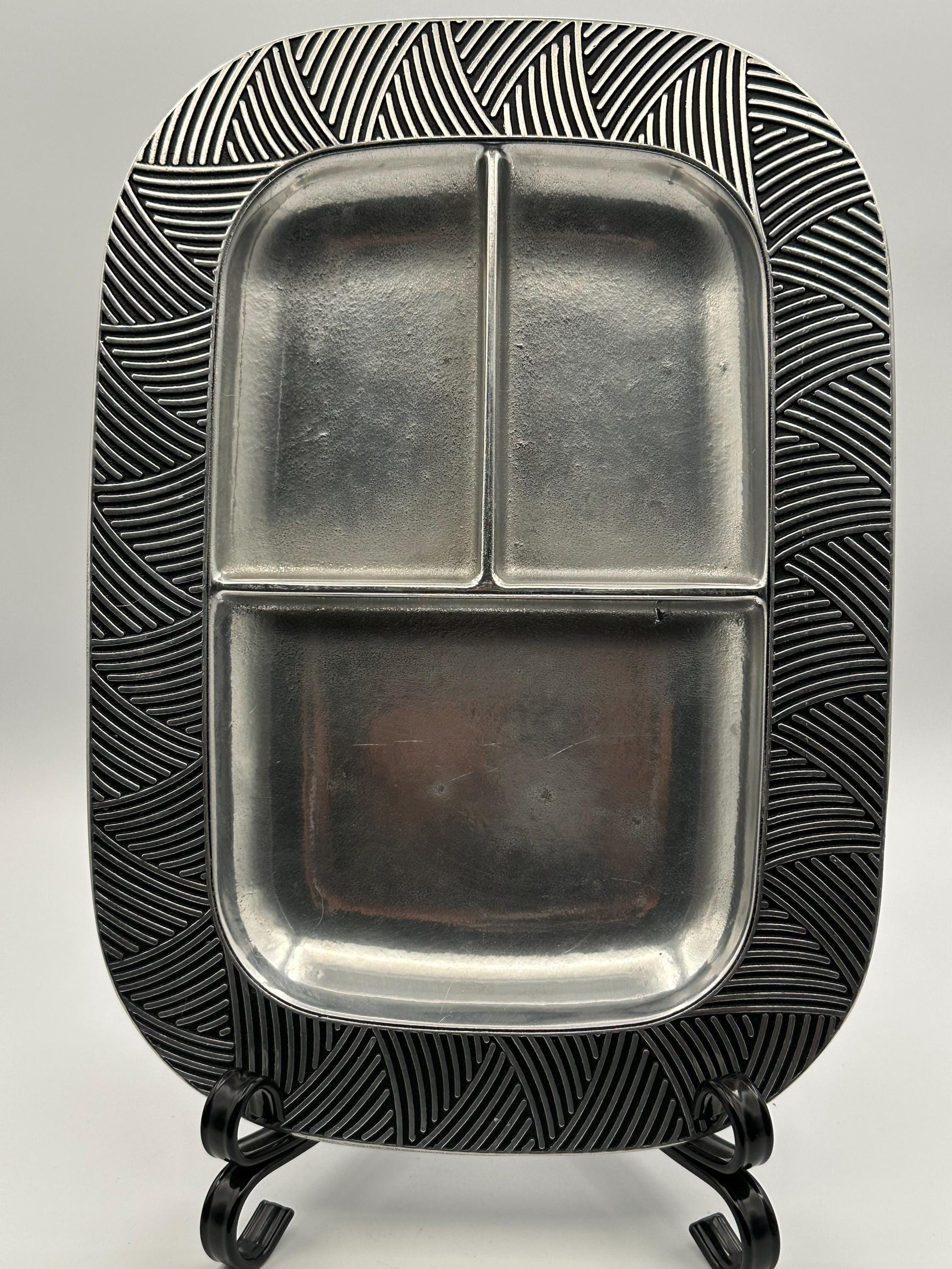 Vintage Wilton Armetale Pewter Reggae Divided Serving Tray - 3-Section Metal Platter with Geometric Art Deco Border