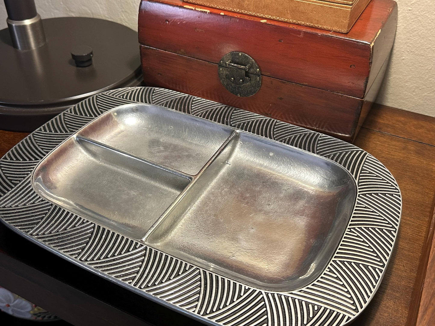 Vintage Wilton Armetale Pewter Reggae Divided Serving Tray - 3-Section Metal Platter with Geometric Art Deco Border