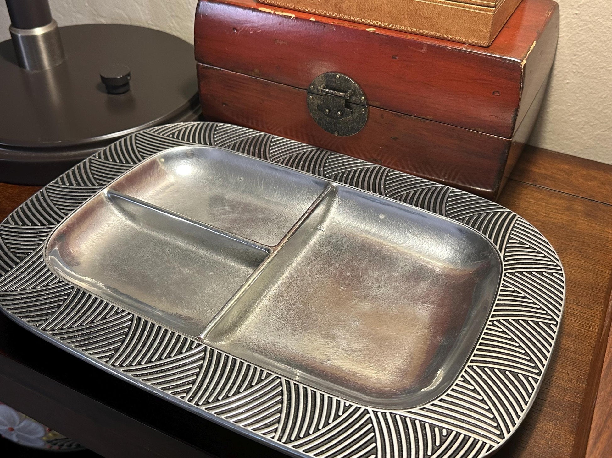 Vintage Wilton Armetale Pewter Reggae Divided Serving Tray - 3-Section Metal Platter with Geometric Art Deco Border