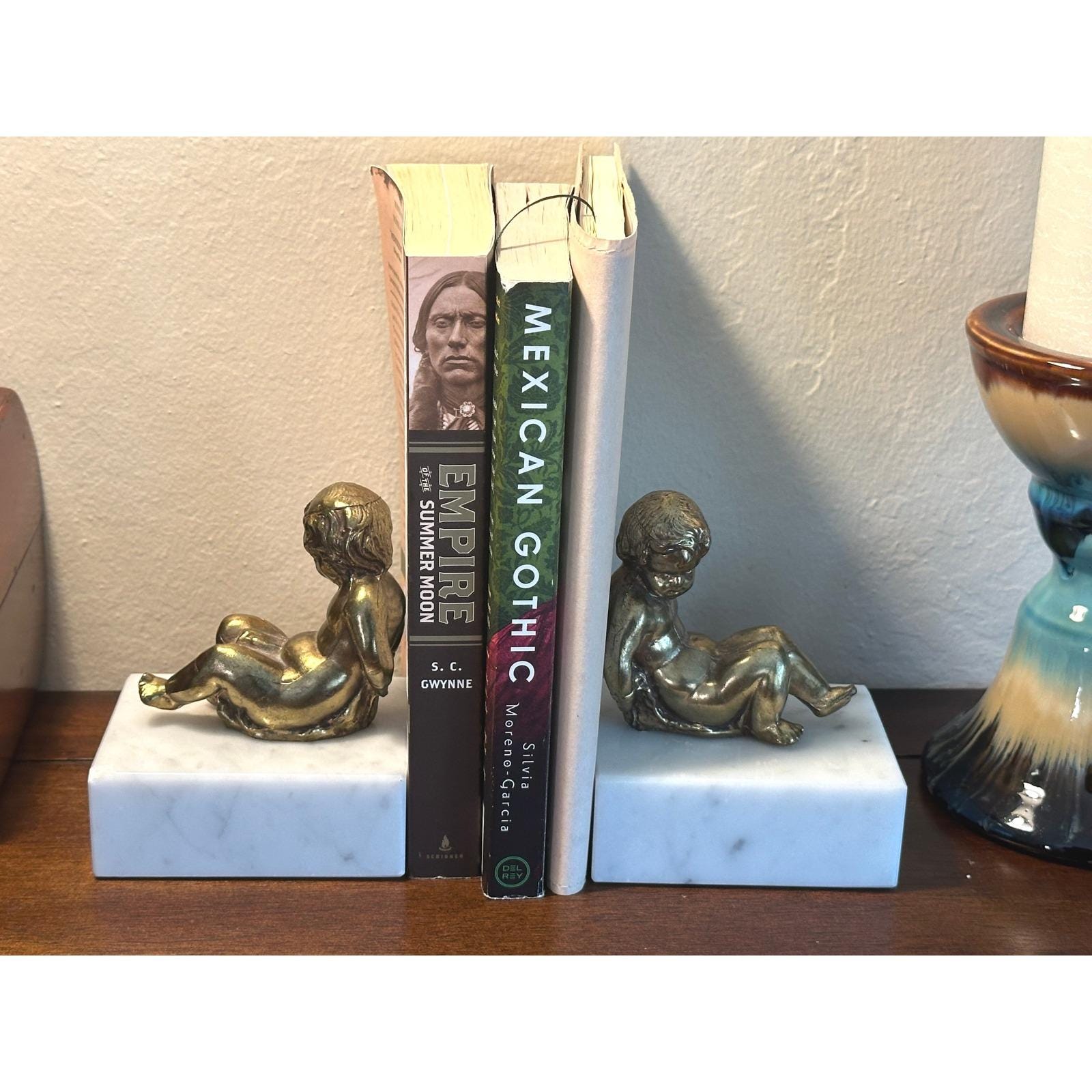 Vintage Brass Cherub Bookends Classical Neo-Baroque Solid Marble Base Angels Decorative Library Shelf Accent