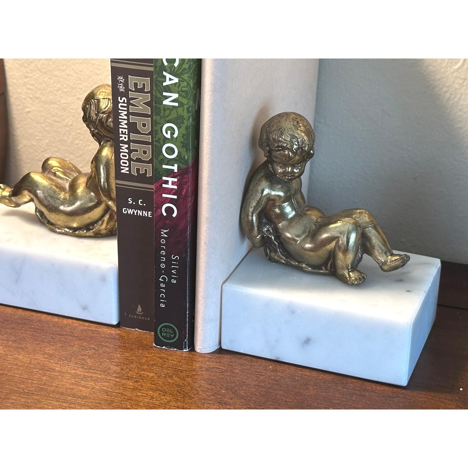 Vintage Brass Cherub Bookends Classical Neo-Baroque Solid Marble Base Angels Decorative Library Shelf Accent