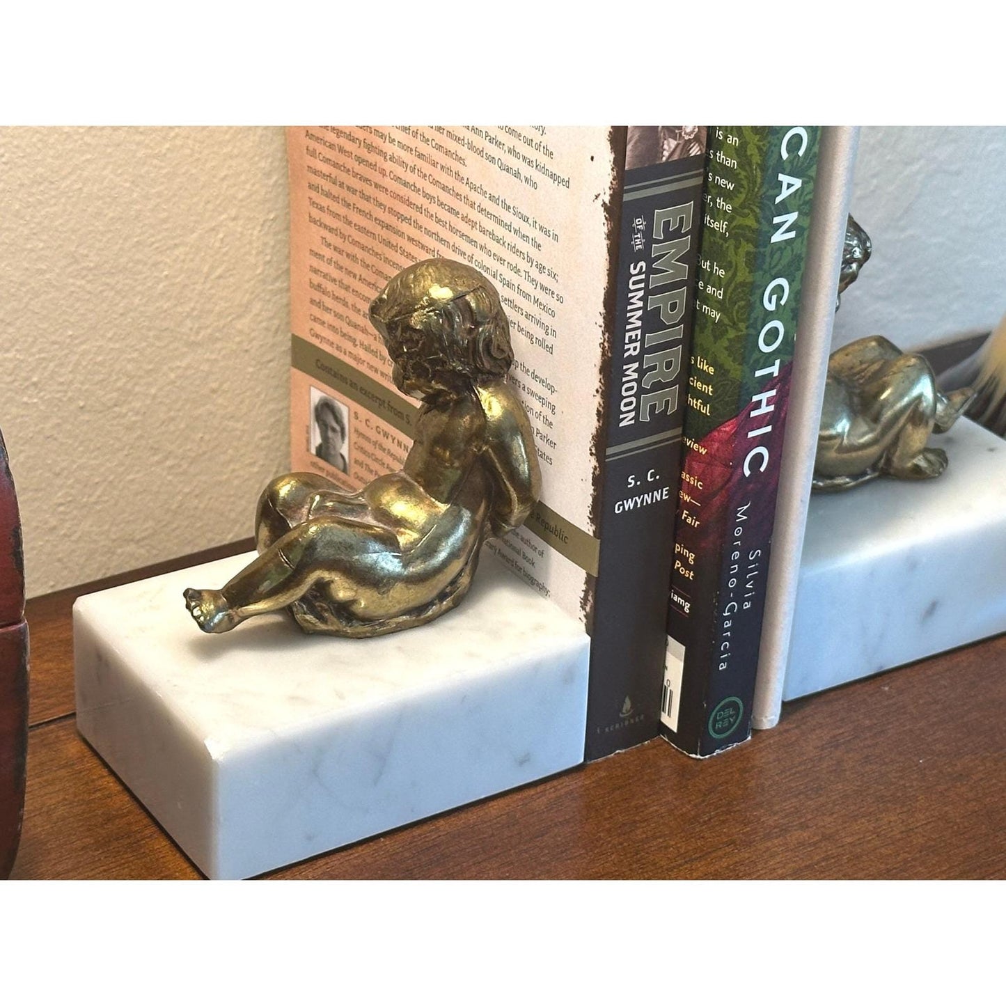 Vintage Brass Cherub Bookends Classical Neo-Baroque Solid Marble Base Angels Decorative Library Shelf Accent
