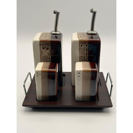 Vintage Pier 1 Tri-Color Brown White Ceramic Oil Vinegar Salt Pepper Cruet Set Kitchen Condiment