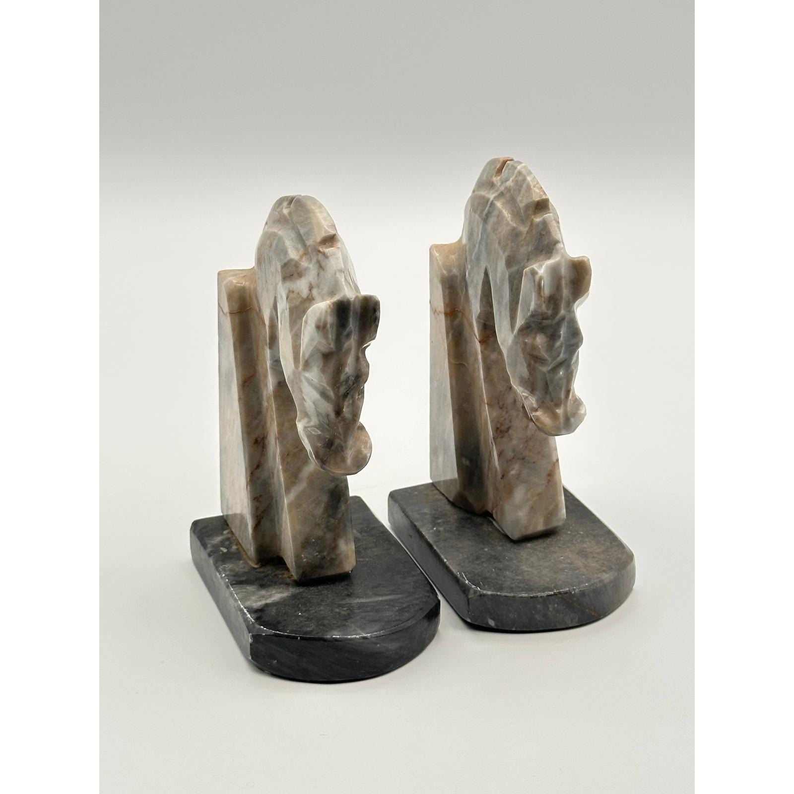Vintage Mexican Marble Horse Head Bookends - Hand Carved Stone Book Ends Equestrian Decor
