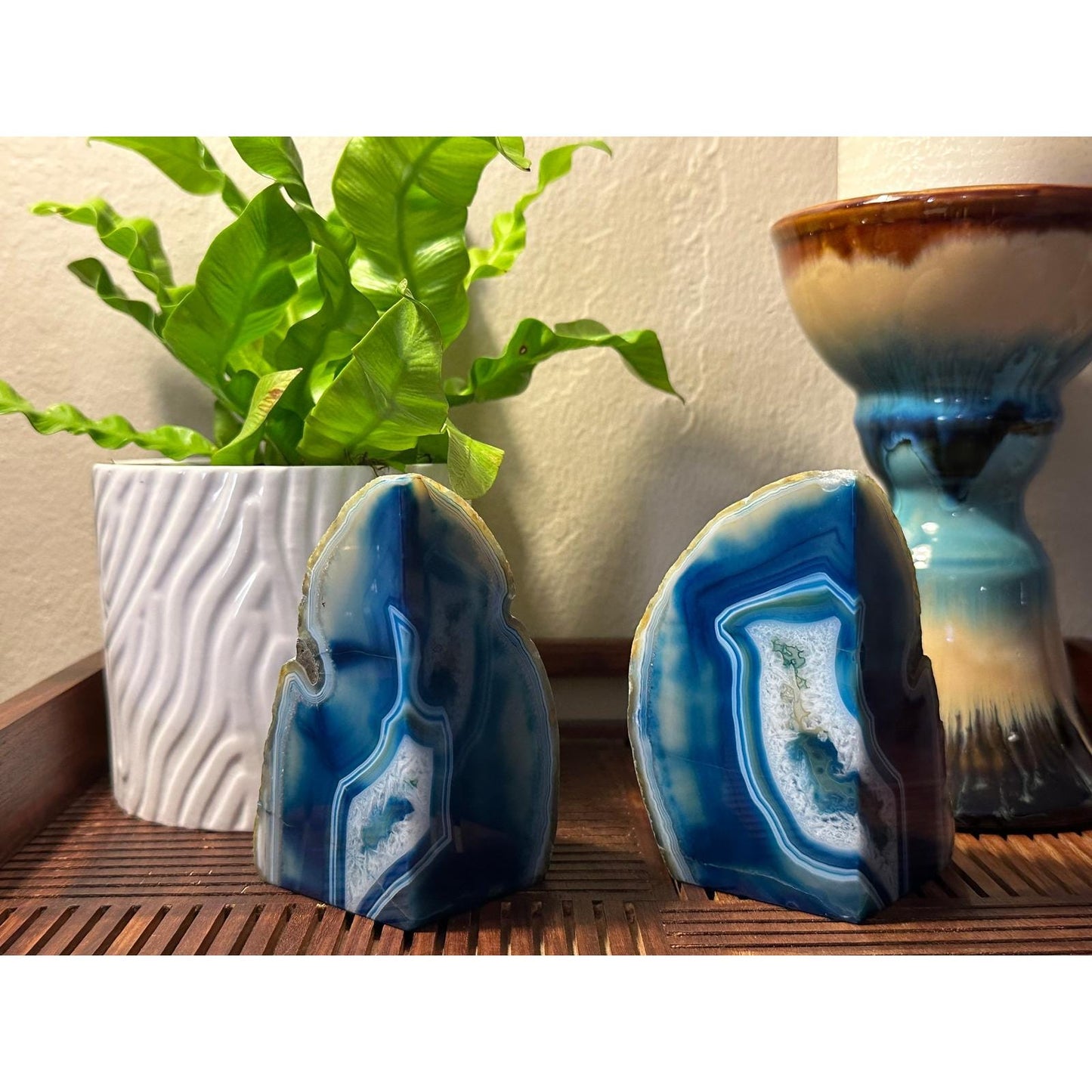 Blue Agate Geode Bookends Pair Natural Polished Stone Decor Office Library Study Room Crystal Display