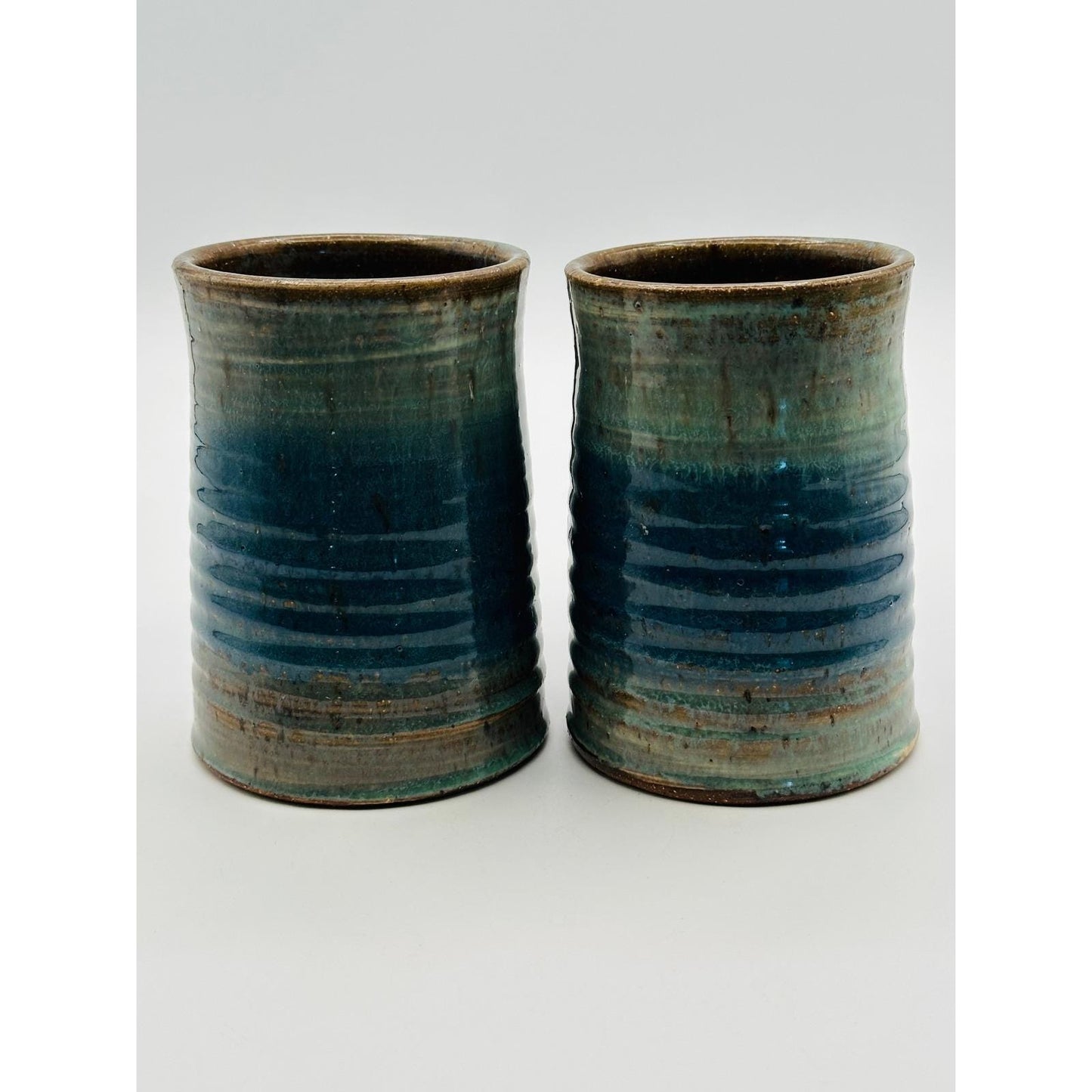 Pair of Handmade Artist Signed Pottery Mugs – Blue Green Studio Stoneware