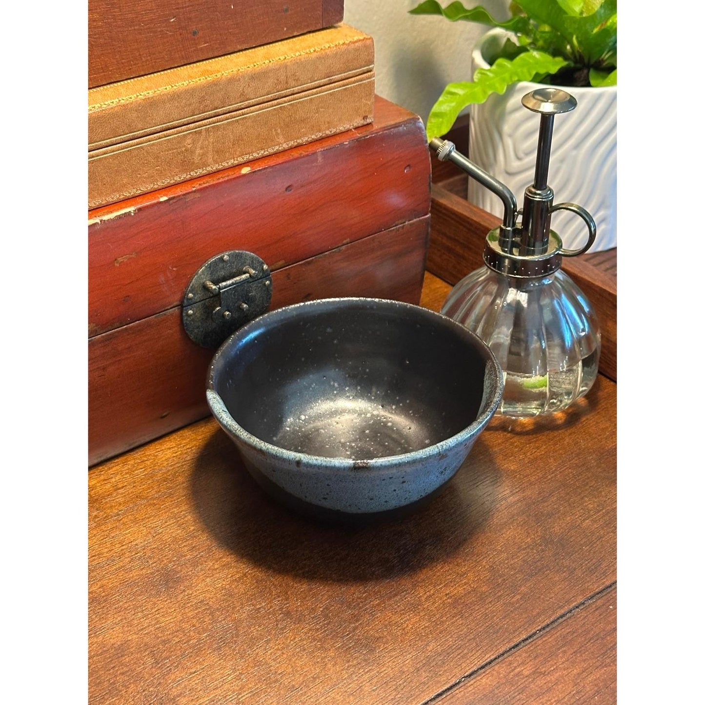 Handmade Artist Signed Pottery Bowl 5 inch Studio Stoneware Blue Black Glaze Ceramic Tableware