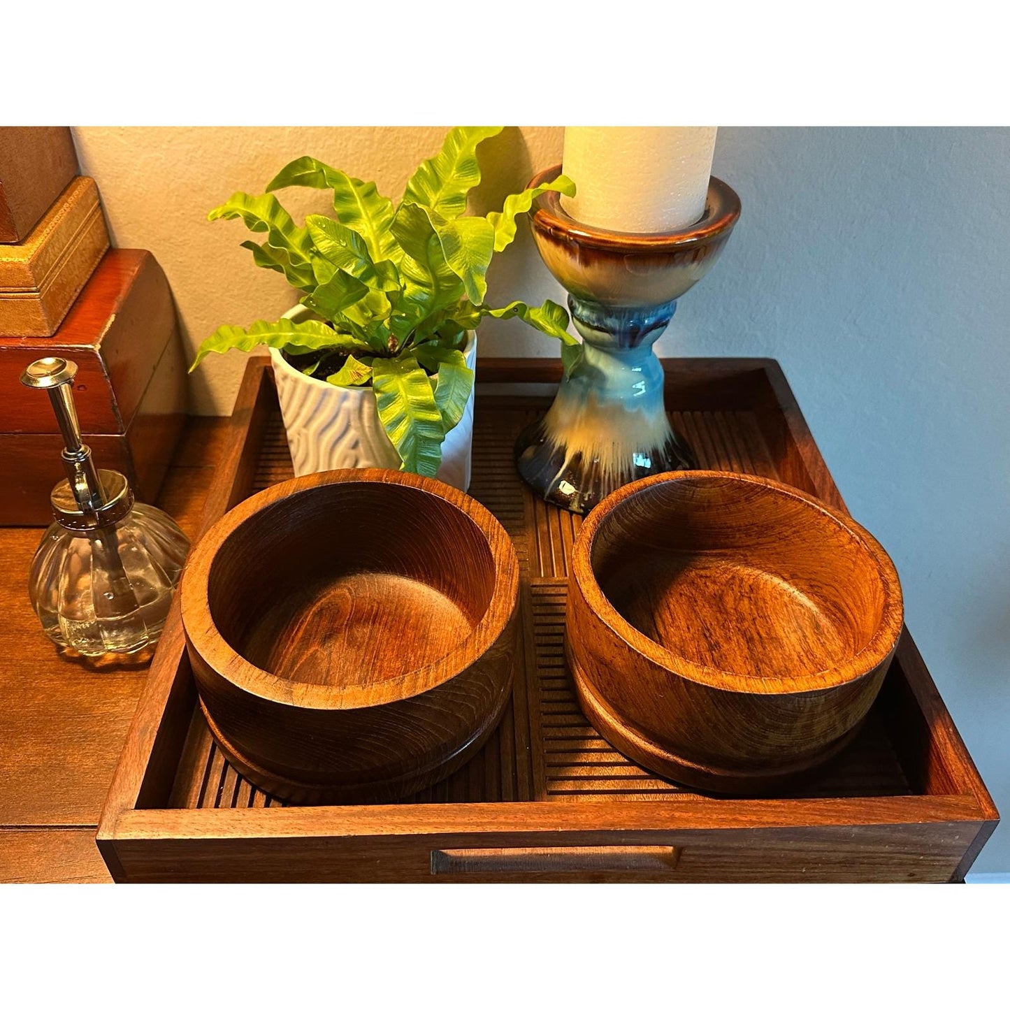 Vintage Teak Wood Serving Bowls Set of 2 - Mid Century Modern Solid Wooden Kitchen Decor