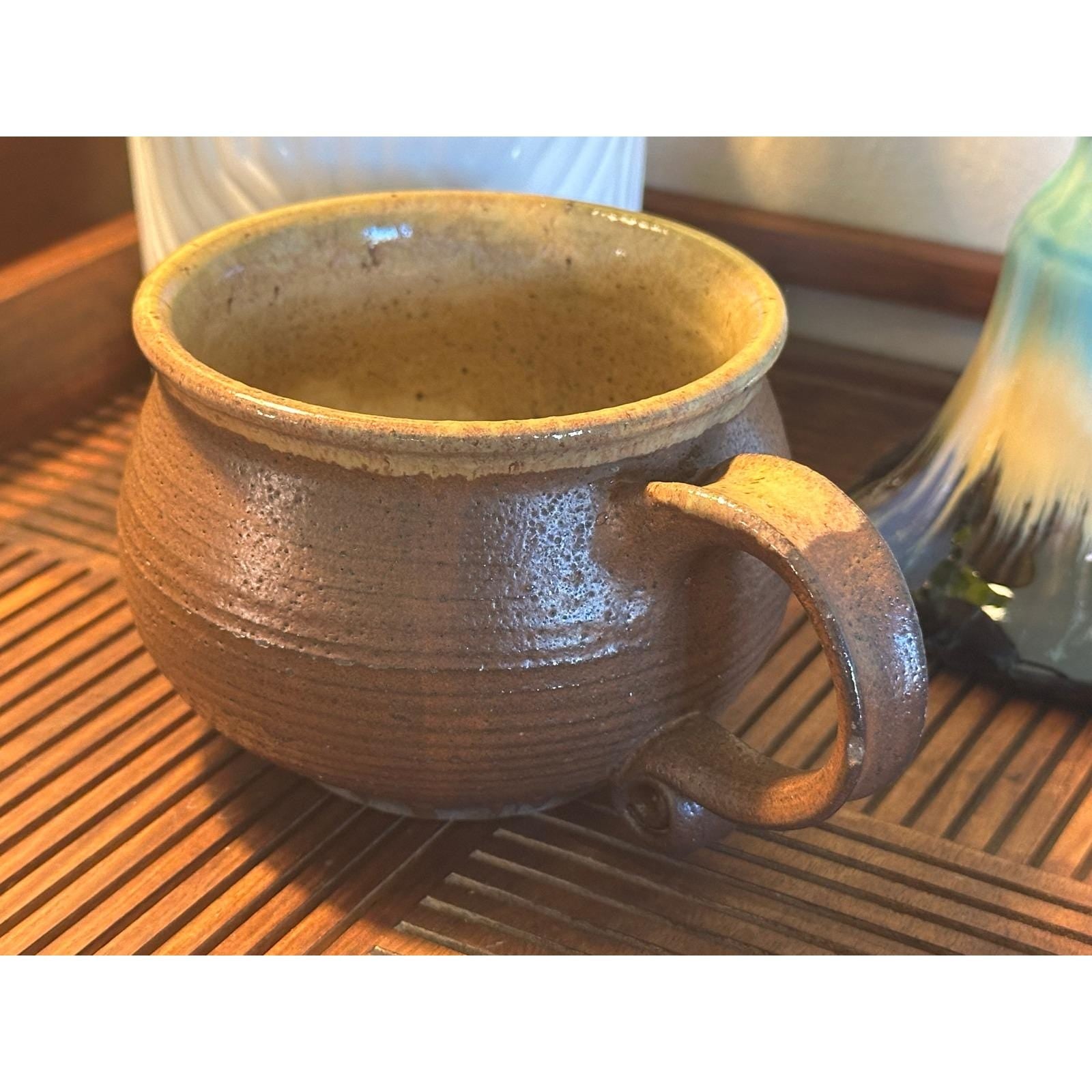 Artist Signed Rustic Stoneware Pottery Mug Brown Glaze Unique Curved Handle