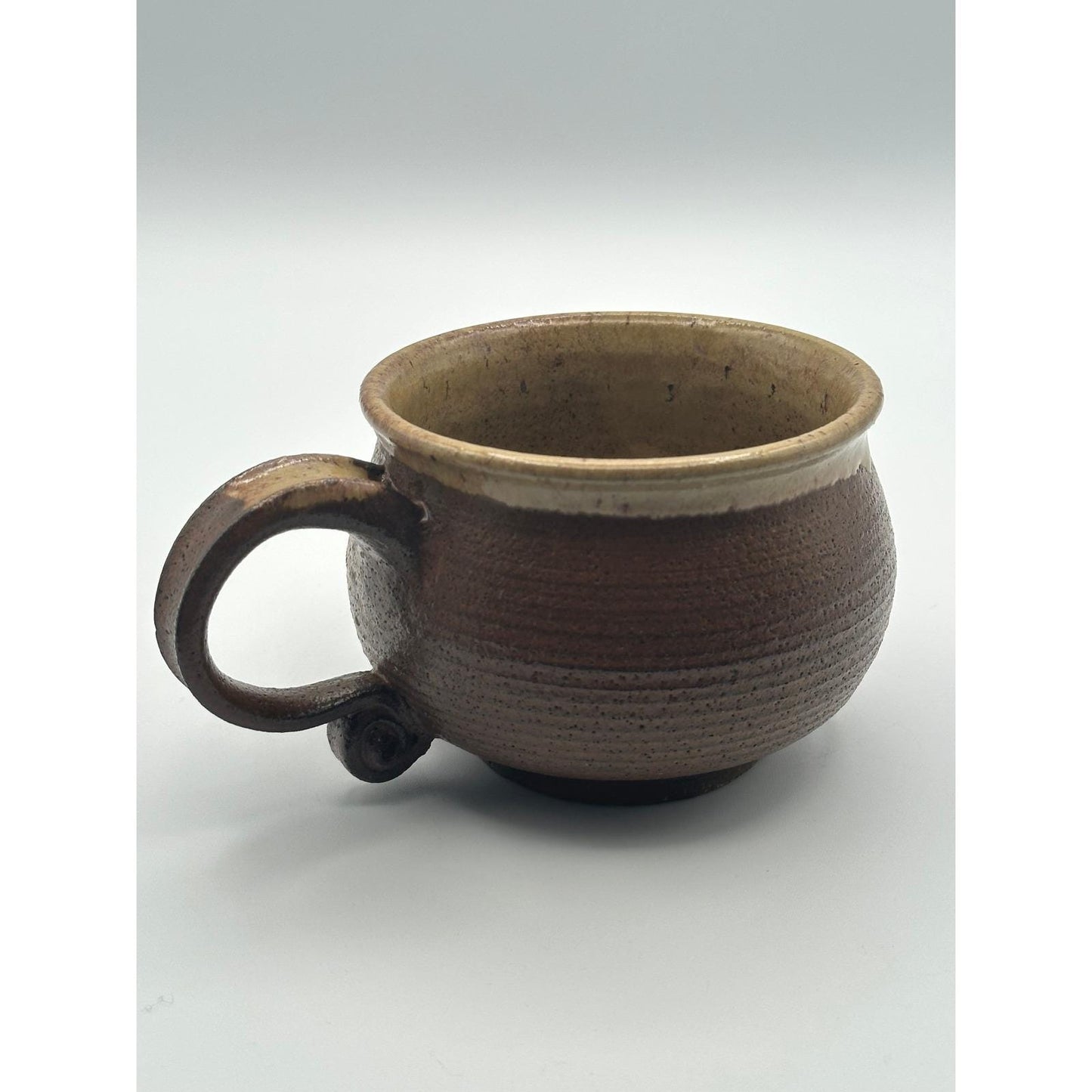 Artist Signed Rustic Stoneware Pottery Mug Brown Glaze Unique Curved Handle