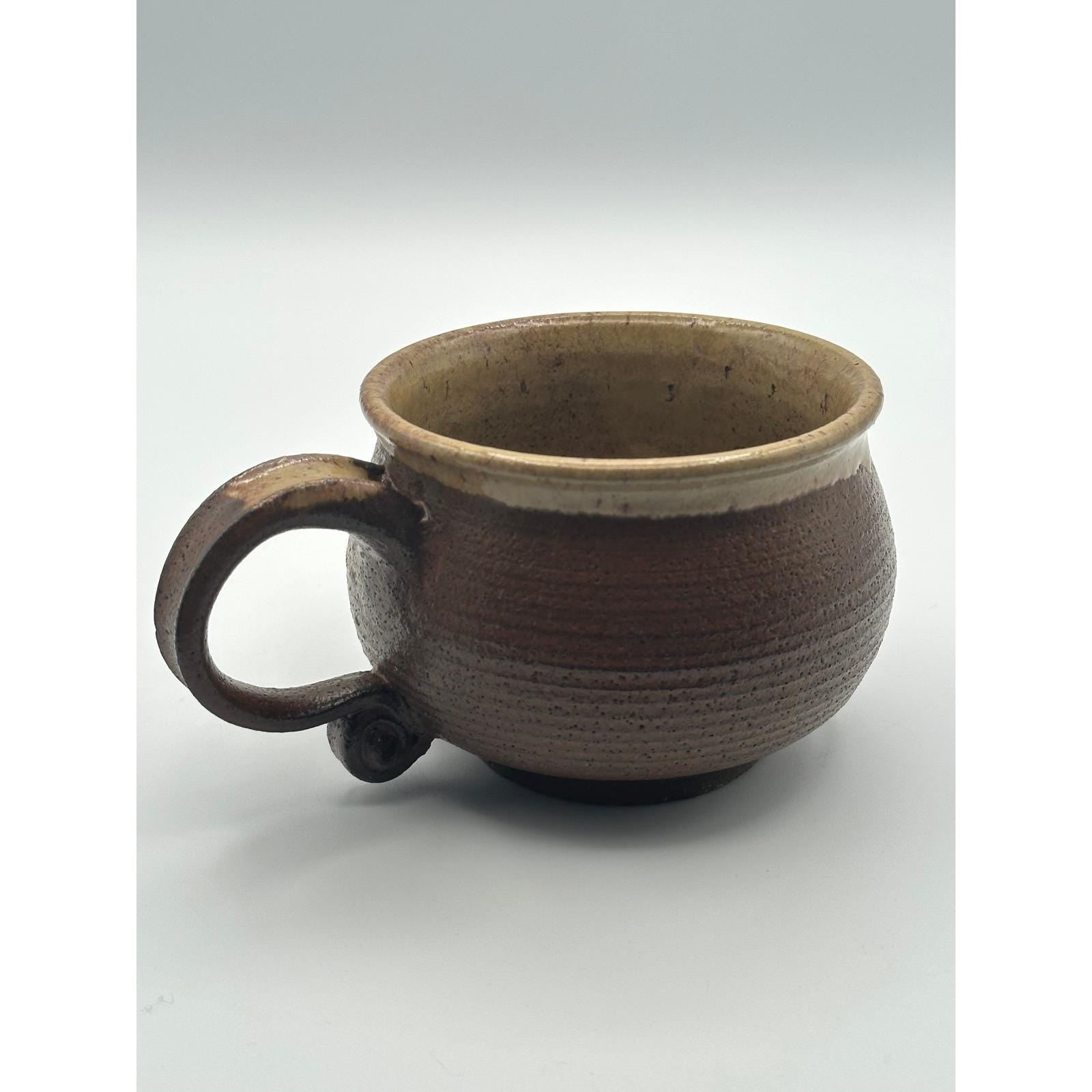 Artist Signed Rustic Stoneware Pottery Mug Brown Glaze Unique Curved Handle