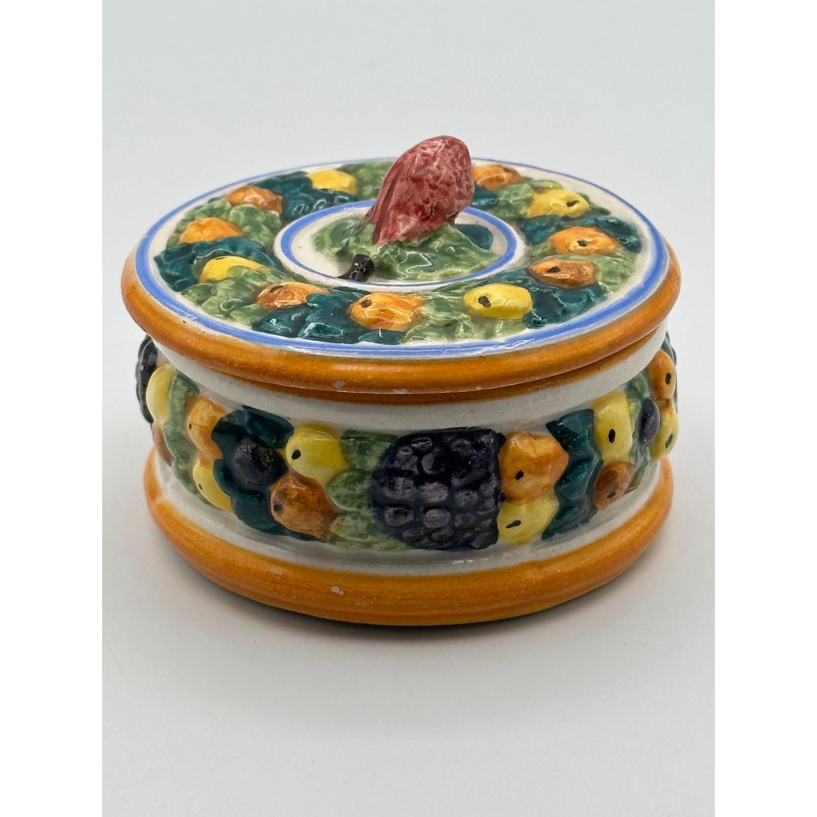 Vintage Della Robbia Majolica Style Pottery Trinket Box Made in Italy - Ceramic Jewelry Storage Keepsake