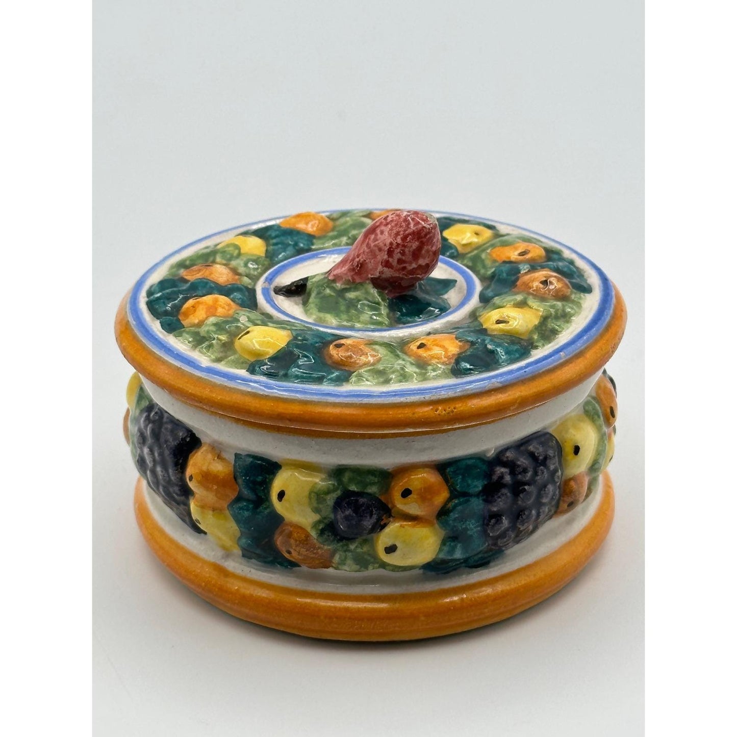 Vintage Della Robbia Majolica Style Pottery Trinket Box Made in Italy - Ceramic Jewelry Storage Keepsake
