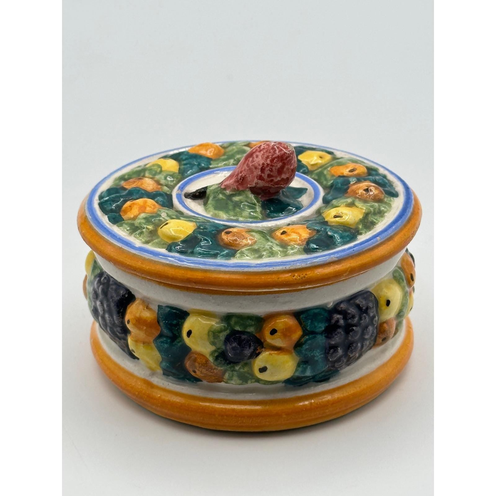 Vintage Della Robbia Majolica Style Pottery Trinket Box Made in Italy - Ceramic Jewelry Storage Keepsake