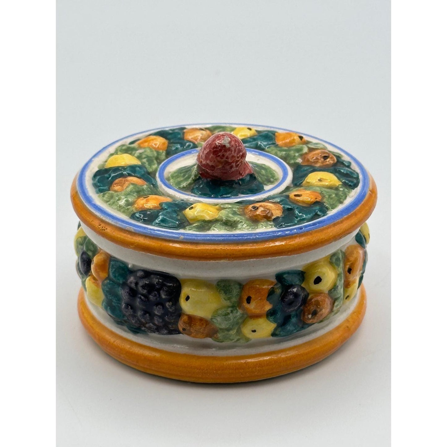 Vintage Della Robbia Majolica Style Pottery Trinket Box Made in Italy - Ceramic Jewelry Storage Keepsake