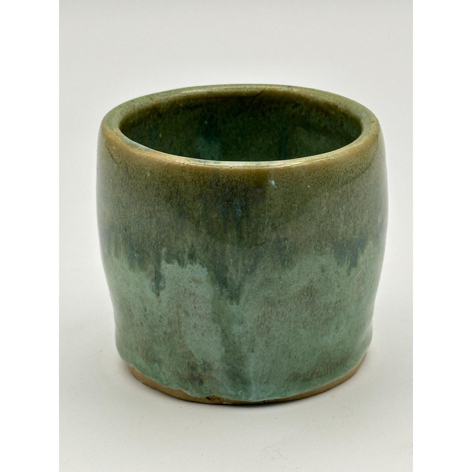 Handmade Green Drip Glaze Ceramic Cup Small Rustic Stoneware Vessel Pot 2.75 inch
