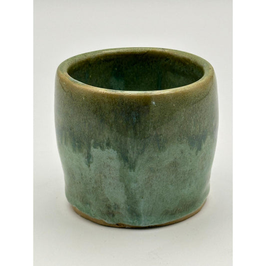 Handmade Green Drip Glaze Ceramic Cup Small Rustic Stoneware Vessel Pot 2.75 inch