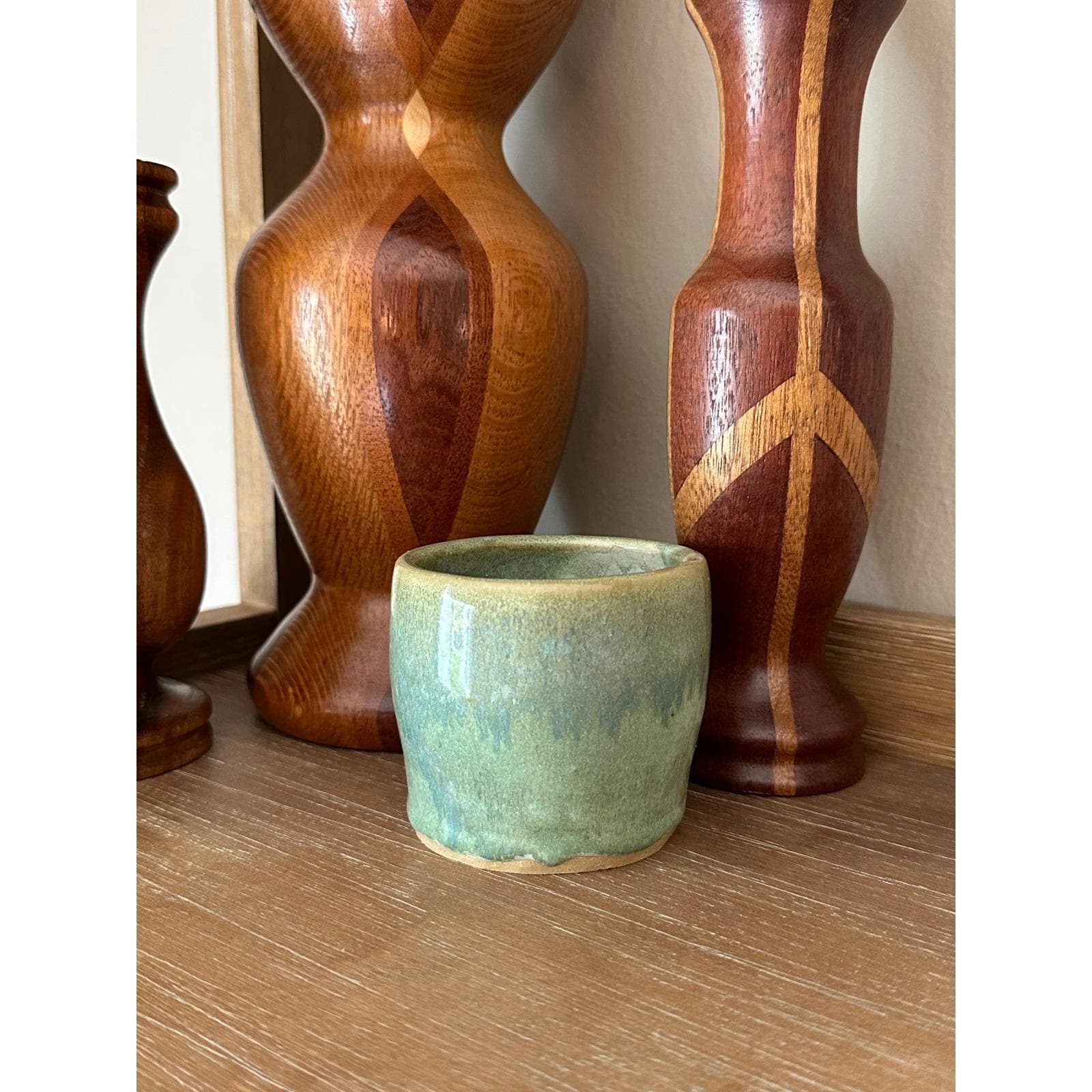 Handmade Green Drip Glaze Ceramic Cup Small Rustic Stoneware Vessel Pot 2.75 inch