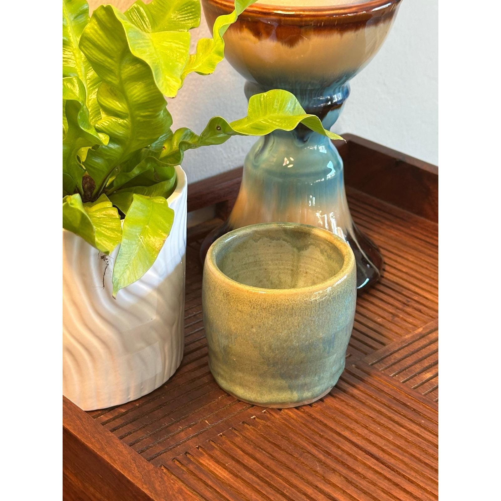 Handmade Green Drip Glaze Ceramic Cup Small Rustic Stoneware Vessel Pot 2.75 inch