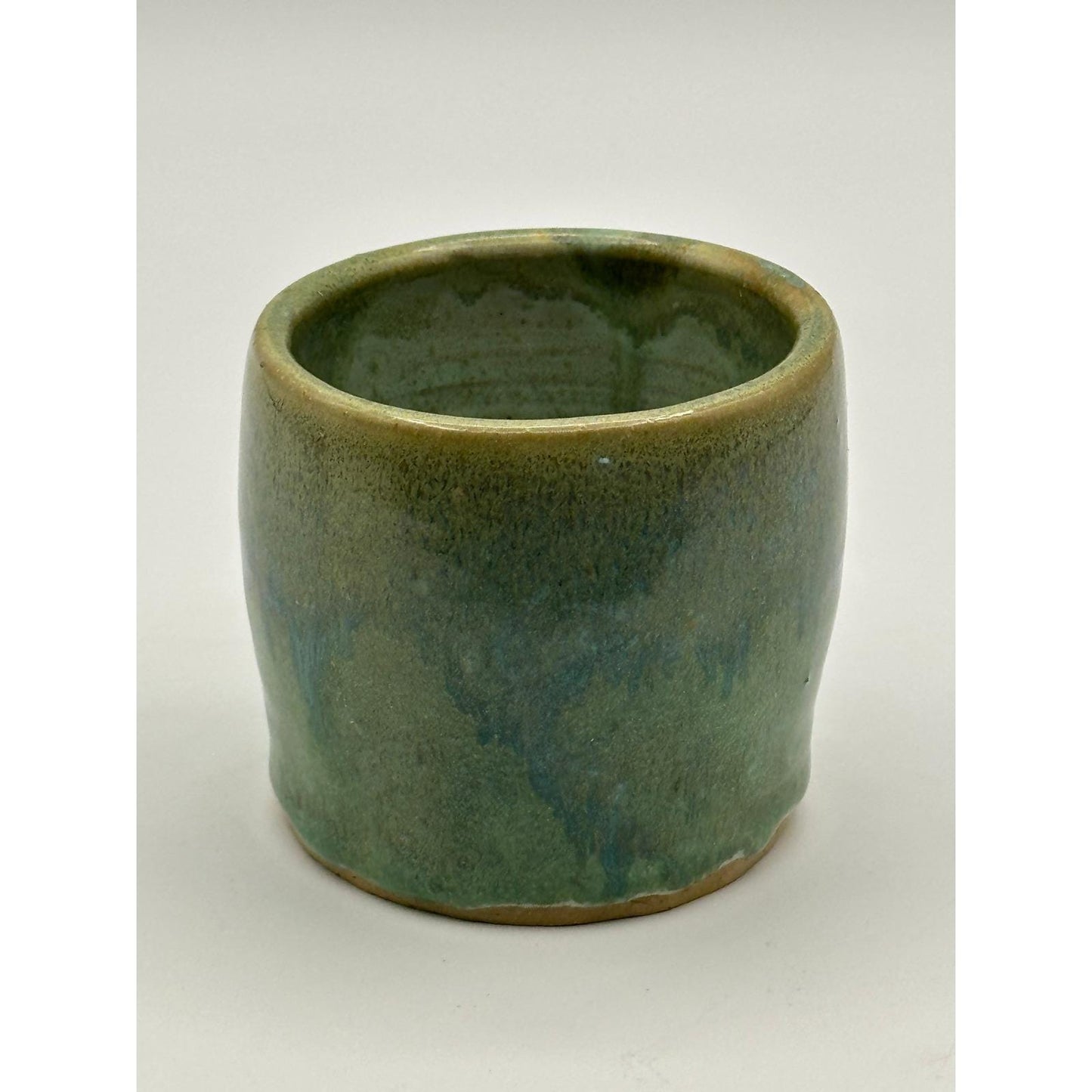 Handmade Green Drip Glaze Ceramic Cup Small Rustic Stoneware Vessel Pot 2.75 inch