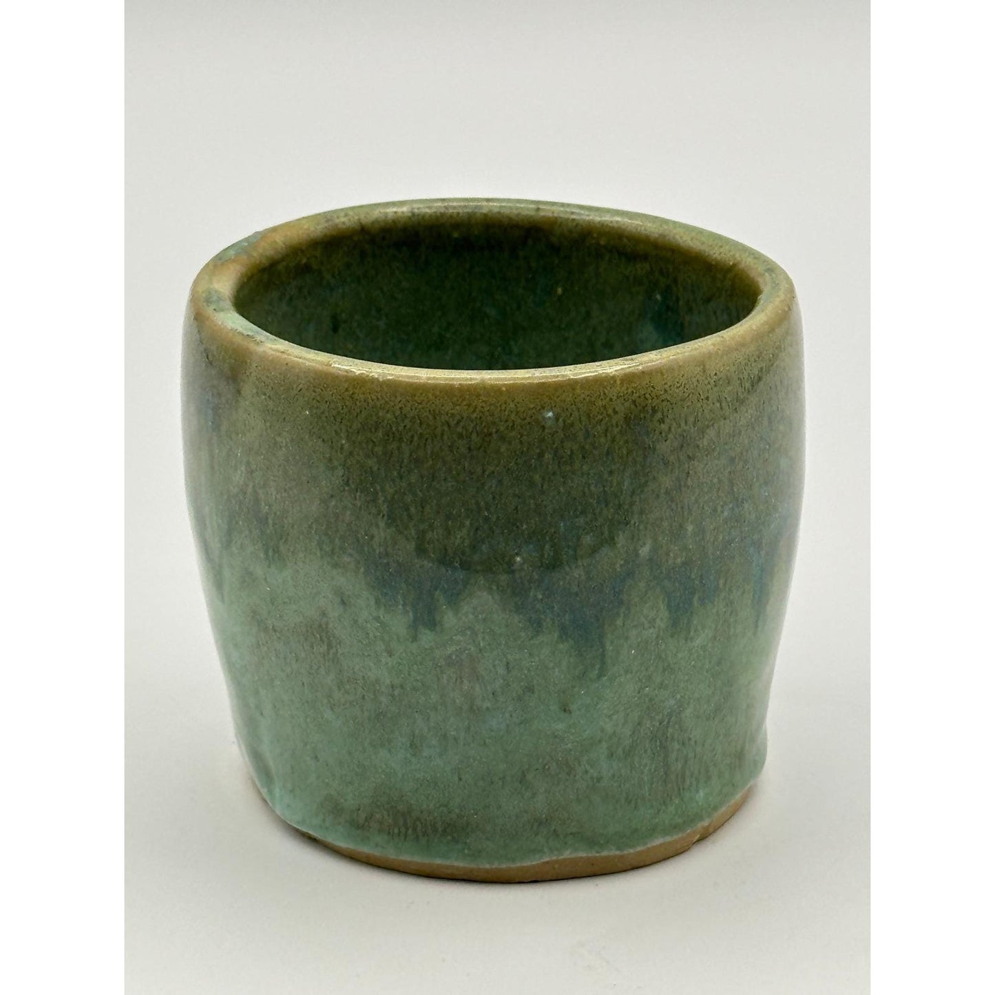 Handmade Green Drip Glaze Ceramic Cup Small Rustic Stoneware Vessel Pot 2.75 inch