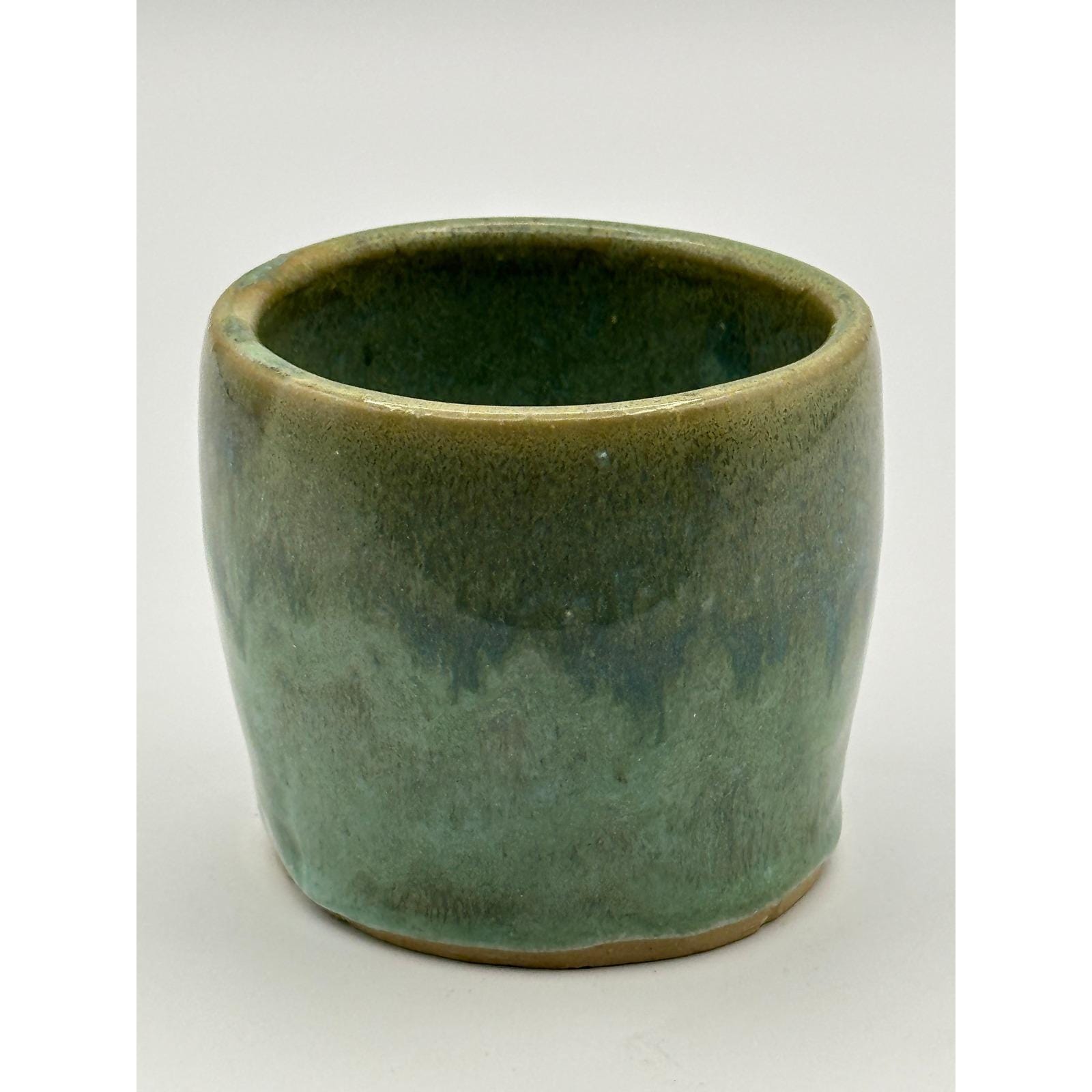 Handmade Green Drip Glaze Ceramic Cup Small Rustic Stoneware Vessel Pot 2.75 inch