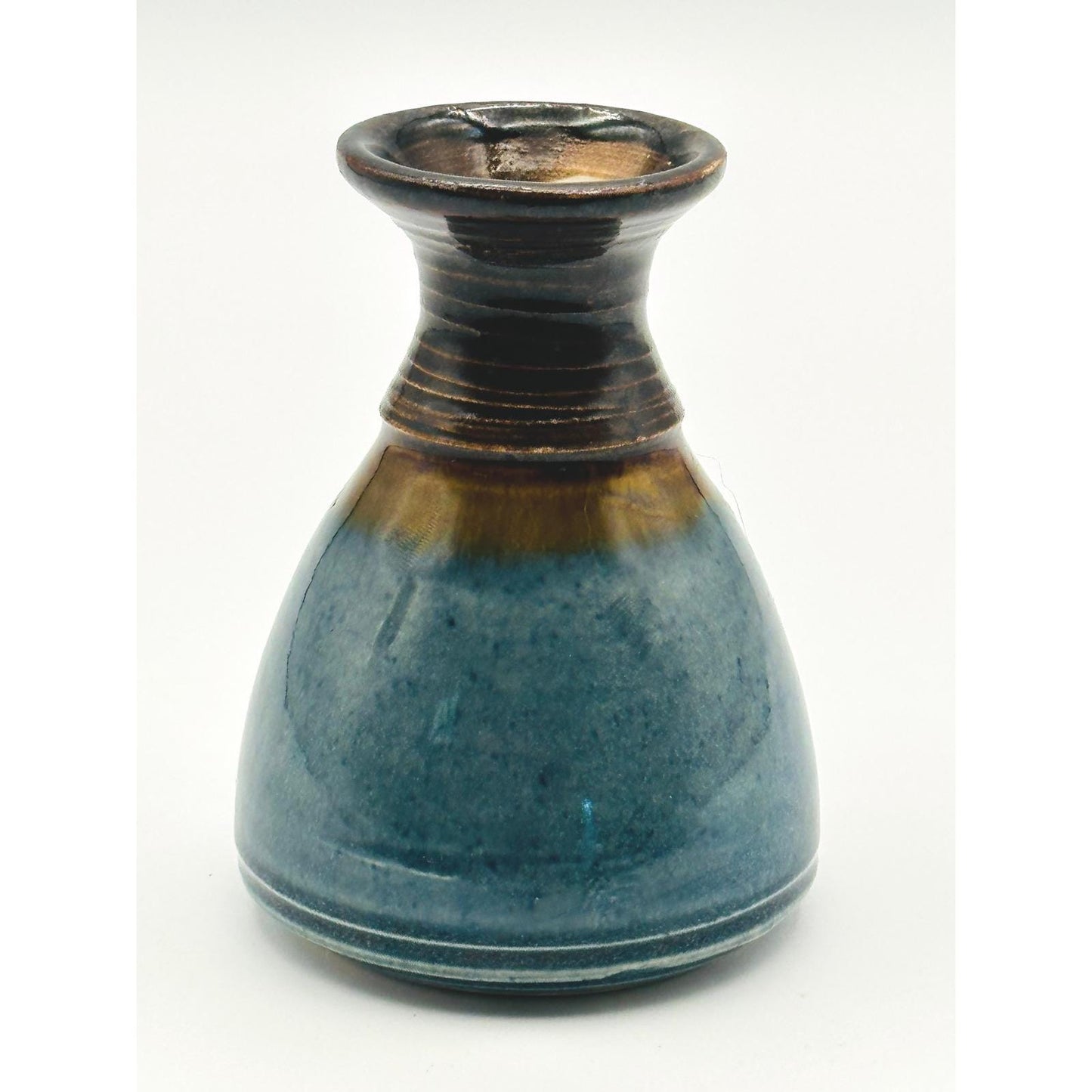 Handmade Studio Pottery Mini Vase - Artist Signed Blue Brown Glazed Ceramic Small Vessel