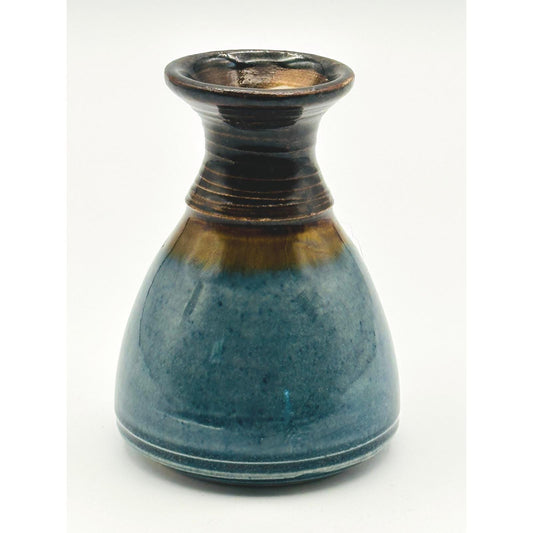 Handmade Studio Pottery Mini Vase - Artist Signed Blue Brown Glazed Ceramic Small Vessel