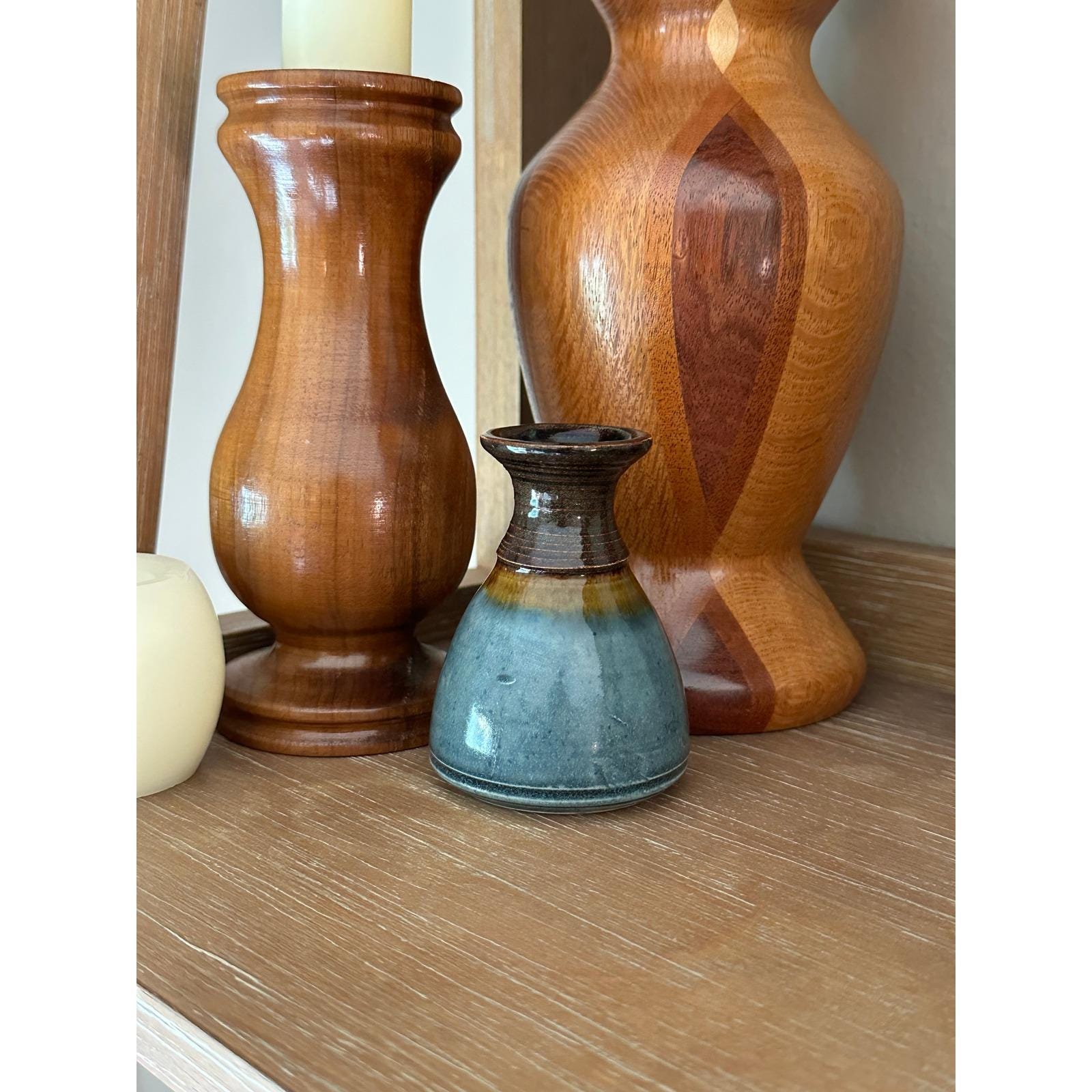 Handmade Studio Pottery Mini Vase - Artist Signed Blue Brown Glazed Ceramic Small Vessel