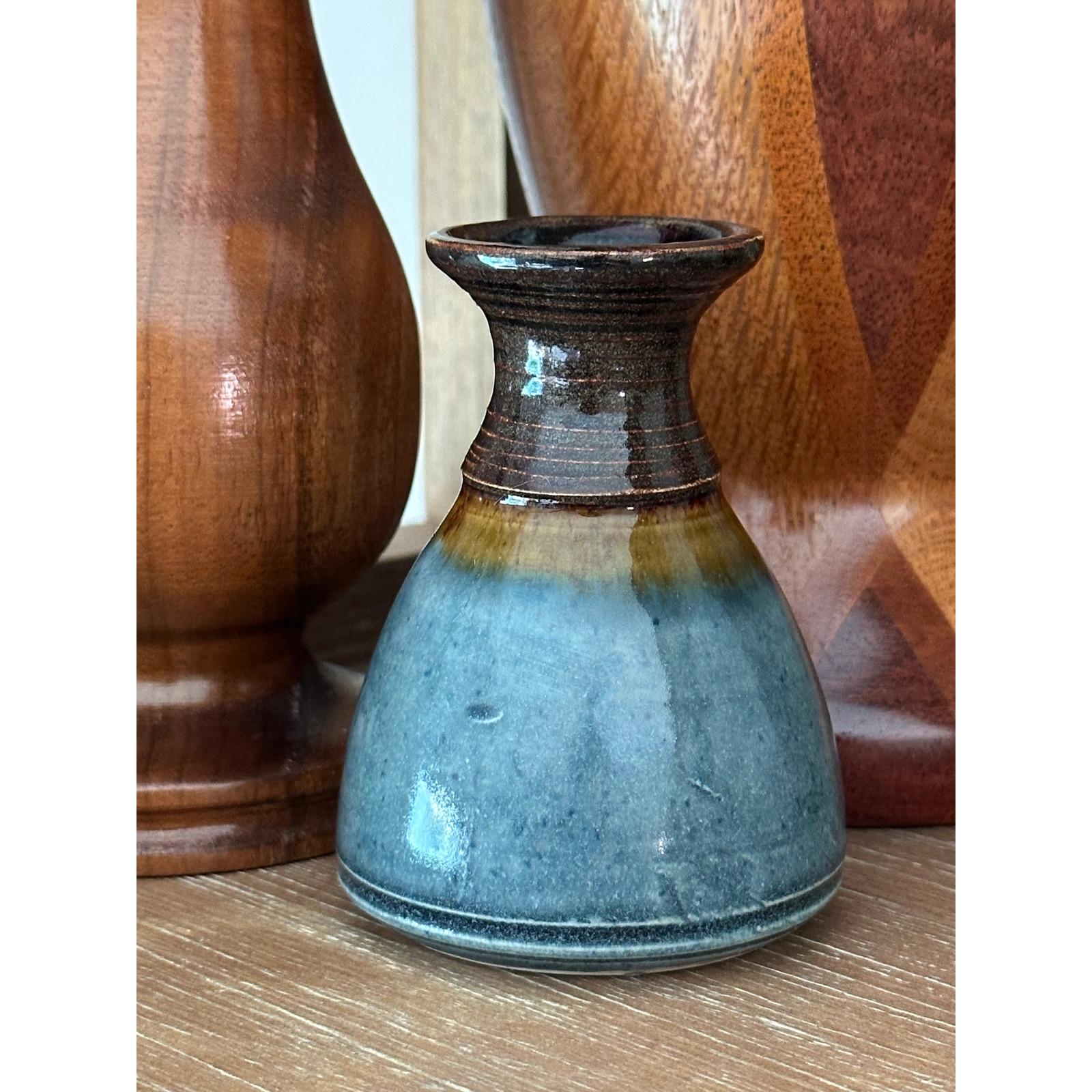 Handmade Studio Pottery Mini Vase - Artist Signed Blue Brown Glazed Ceramic Small Vessel