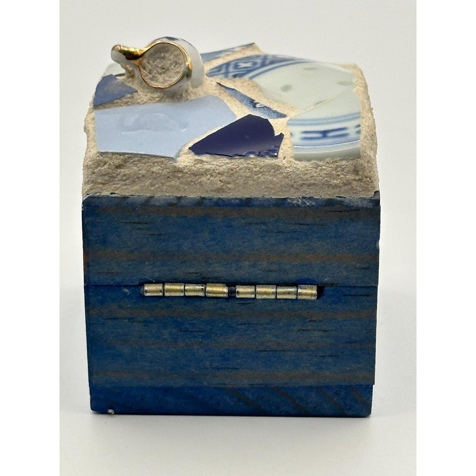 Vintage Handmade Mosaic Trinket Box Blue White China Shards Artist Signed Jewelry Storage Keepsake